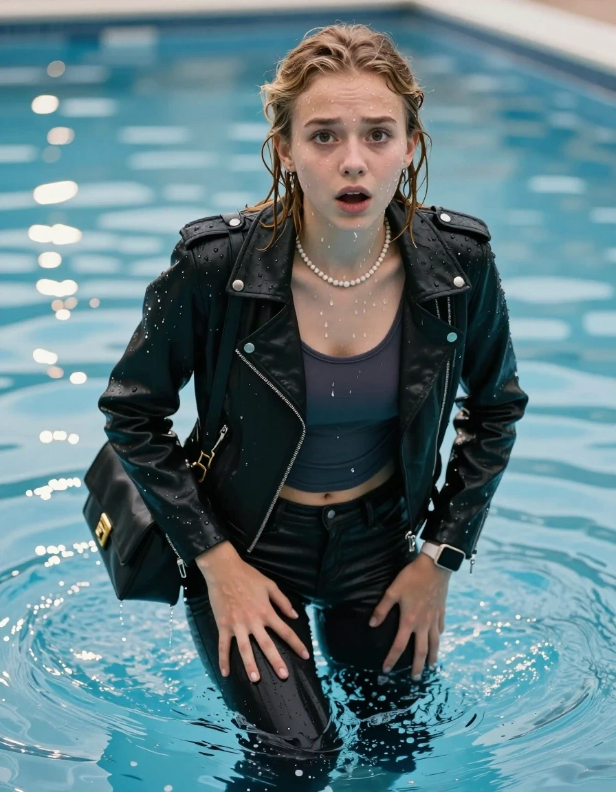 photo of young woman, in soaking wet, drenched clothes,
, Glistening soaked tight skinny jeans, Glistening soaked  black biker leatherjacket, tight sexy tshirt with wide neckline belly free, shoulderbag, pearl necklace, smartwatch , Pool, 
enjoying, wet clothes stuck to body,
detailed textures of the wet clothes, wet face, wet plastered hair,
wet, drenched, professional, high-quality details, full body view.
sharp focus, ultra-high pixel detail, realistic, high-quality, full colors, incredibly detailed, 4k, 8k, 16k, hyper-realistic, RAW photo, masterpiece, ultra-detailed, professionally color graded, professional photograph, A realistic vertical fashion photograph of an  15-year-old teenage Girl emerge after a dip   in a clear blue swimming pool. 
wet plastered hair. Blonde pigtails. water cascading down her clothes. Afraid and astonished. Looking up at camera. Hold her hands on her ass . Open mouth, big eyes. She soak her shoulderbag in the water. She pressed her knees together. The girl is positioned in the center of the frame, her head and shoulders visible above the shimmering water surface, while her body and legs are submerged below. Natural sunlight creates sparkling reflections on the water's surface. High-quality fashion photography, sharp focus on her face, cinematic lighting.
The lighting is bright and cinematic, highlighting the glistening water droplets on her skin and the saturated texture of her clothes.

her clothes are heavy from the water, water runs from her body and her clothes in streams. A lot of water also runs out of her clothes. Her clothes are darkened by the water. Her submerged clothes are clinging wet. 
soft atmospheric lighting reflecting off the surface, cinematic medium shot, hyper-realistic wetness, high-contrast water sheen, 8k resolution, sharp focus, wet skin, wet clothes, damp fabric, wet skin, wet clothes, damp fabric, wet skin, wet clothes, damp fabric