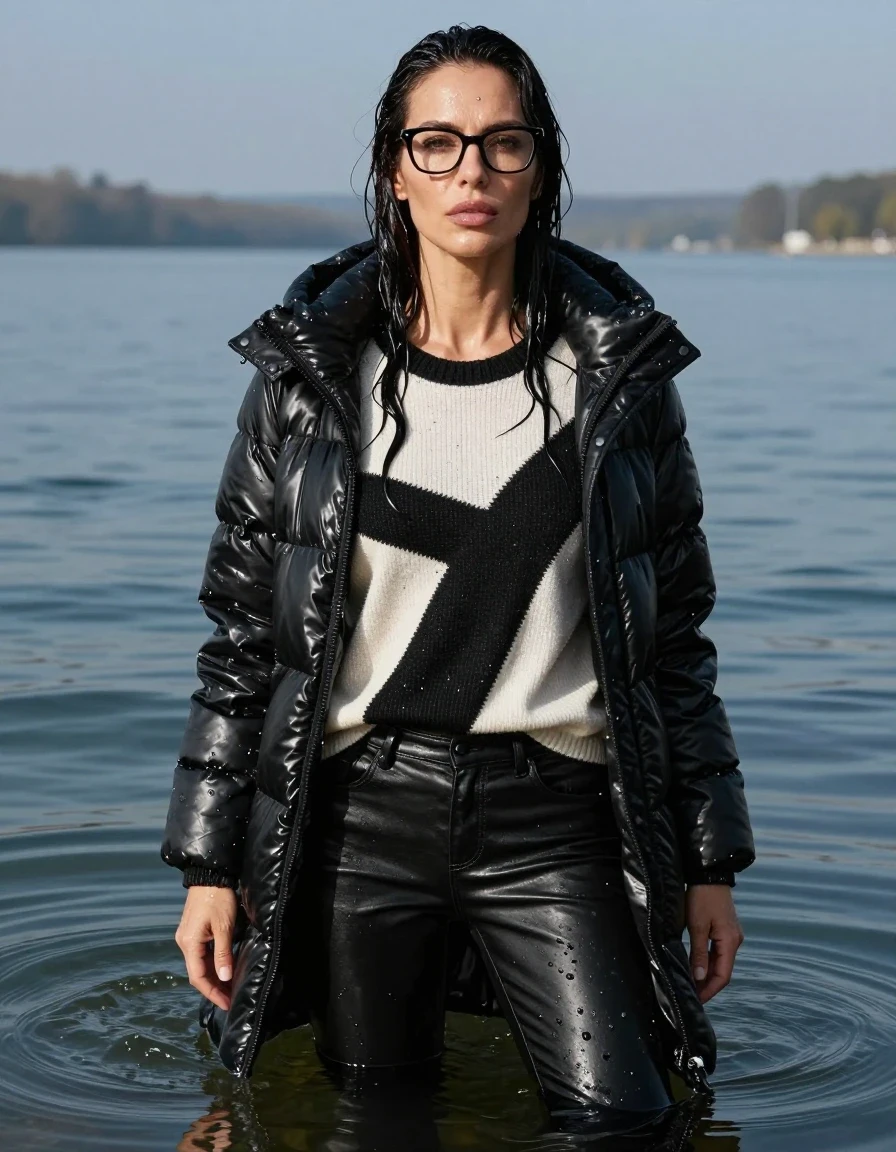 photo of young woman, in soaking wet, drenched clothes,
stilletto butts, long black leather jeans, long black & white sweater with long sleeves, maxi black winter down jacket, complete submerged under sunny very deep lake, 
enjoying, wet clothes stuck to body,
detailed textures of the wet clothes, wet face, wet plastered hair,
wet, drenched, professional, high-quality details, full body view.
sharp focus, ultra-high pixel detail, realistic, high-quality, full colors, incredibly detailed, 4k, 8k, 16k, hyper-realistic, RAW photo, masterpiece, ultra-detailed, professionally color graded, professional photograph, europen brunette skinny woman 40 years old, long dark black hair, very big and thick lips, office glasses, complete body, wet skin, wet clothes, damp fabric, wet skin, wet clothes, damp fabric, wet skin, wet clothes, damp fabric, wet skin, wet clothes, damp fabric, wet skin, wet clothes, damp fabric