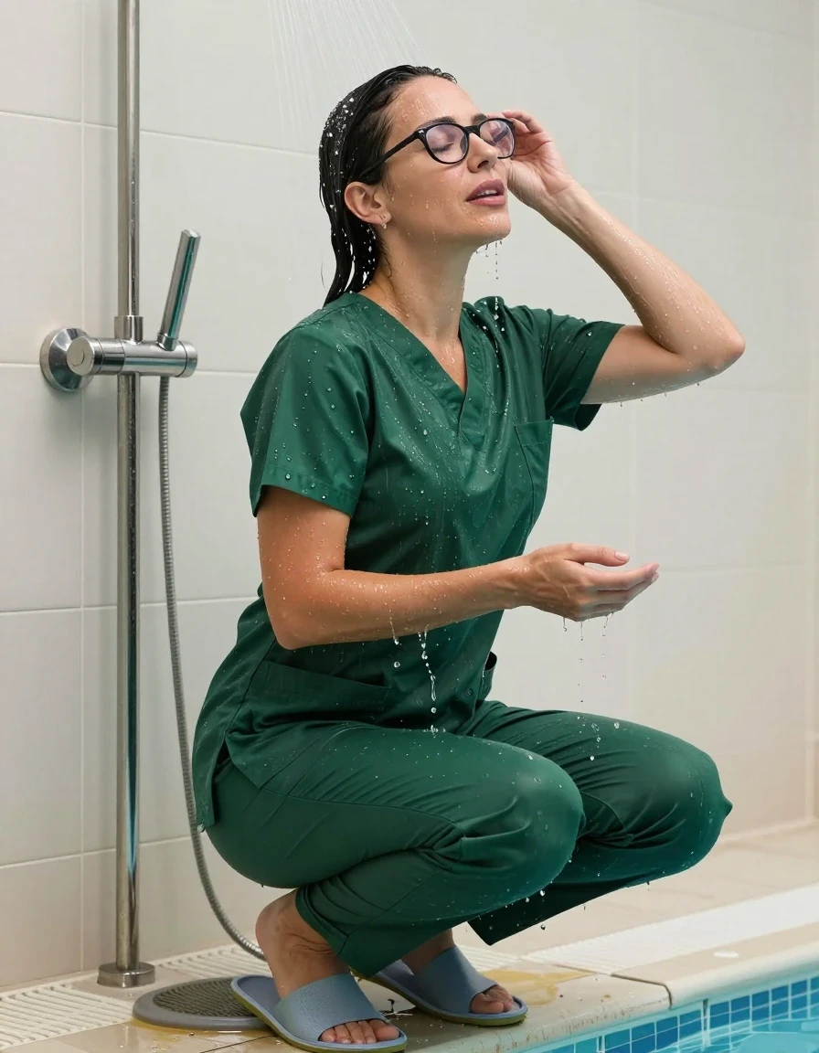 photo of young woman, in soaking wet, drenched clothes,
slippers, dark green scrubs, dark green scrubs, taking shower on the edge of pool, 
enjoying, wet clothes stuck to body,
detailed textures of the wet clothes, wet face, wet plastered hair,
wet, drenched, professional, high-quality details, full body view.
sharp focus, ultra-high pixel detail, realistic, high-quality, full colors, incredibly detailed, 4k, 8k, 16k, hyper-realistic, RAW photo, masterpiece, ultra-detailed, professionally color graded, professional photograph, europen brunette skinny woman 40 years old, long dark black hair, very big and thick lips, office glasses,  complete body, wet skin, wet clothes, damp fabric, wet skin, wet clothes, damp fabric, wet skin, wet clothes, damp fabric, wet skin, wet clothes, damp fabric, wet skin, wet clothes, damp fabric