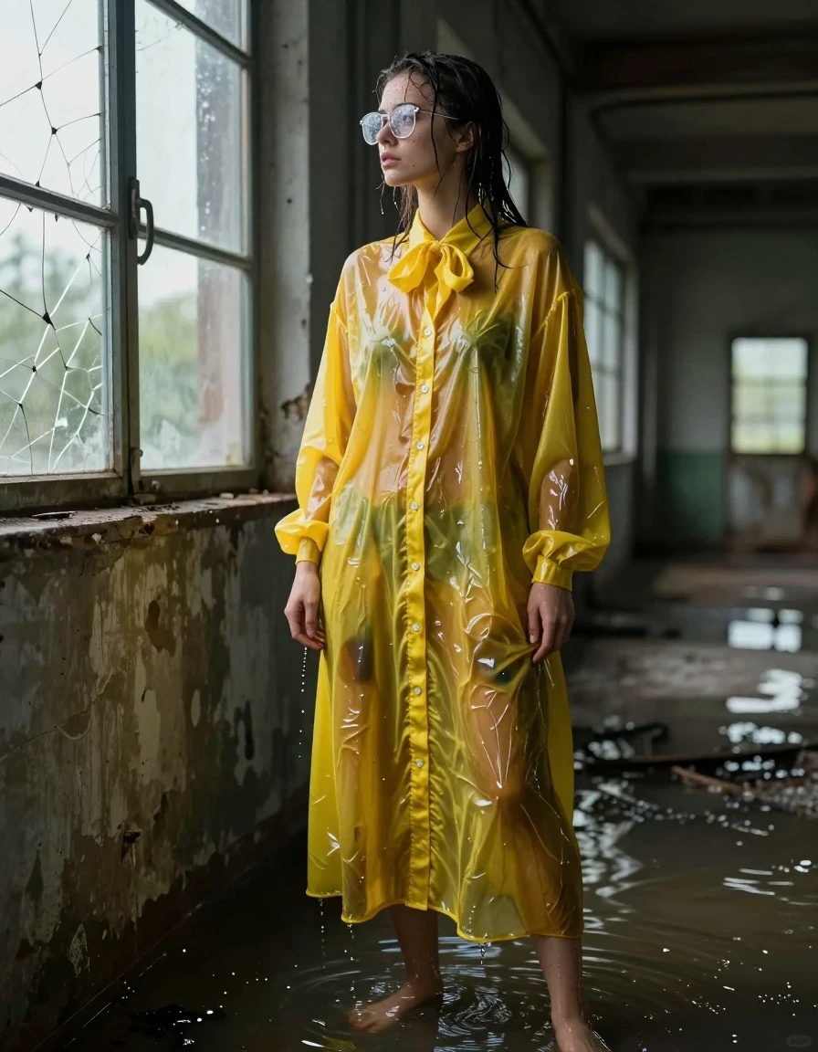A photorealistic full-body shot of a young adult European woman with wet skin and damp, clinging hair, standing inside a dimly lit abandoned flooded warehouse. She is wearing an extremely oversized, long-sleeved, yellow maxi button-down dress that is soaking wet, water-saturated fabric clinging to her frame, darker yellow tones with deep translucent patches, heavy wet folds, and strong glossy specular reflections on the water-drenched material. She wears a bowtie at the collar and clear-rimmed glasses with water droplets on the lenses. She is barefoot, standing in shallow ankle-deep water on the warehouse floor. She is looking out of a cracked, grimy window, her expression pensive. The atmosphere is moody and cinematic, with soft natural light filtering through the glass, highlighting the wet texture of her clothing and the shimmering water on the floor. High-resolution photography, sharp focus, detailed fabric textures, visceral wetness, hyper-realistic lighting.