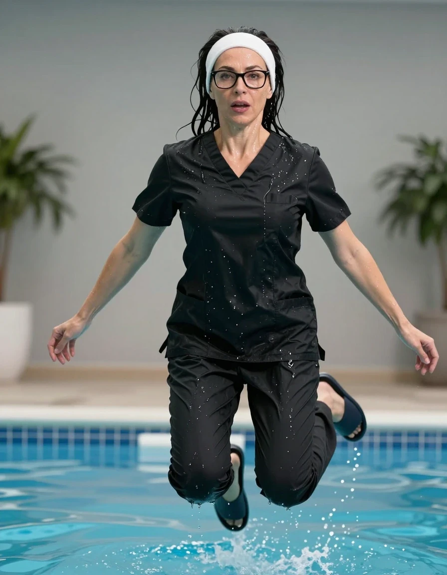 photo of young woman, in soaking wet, drenched clothes,
slippers, black scrubs, black scrubs, jumping in pool, 
enjoying, wet clothes stuck to body,
detailed textures of the wet clothes, wet face, wet plastered hair,
wet, drenched, professional, high-quality details, full body view.
sharp focus, ultra-high pixel detail, realistic, high-quality, full colors, incredibly detailed, 4k, 8k, 16k, hyper-realistic, RAW photo, masterpiece, ultra-detailed, professionally color graded, professional photograph, europen brunette skinny woman 40 years old, long dark black hair, very big and thick lips, office glasses, white headband, complete body, wet skin, wet clothes, damp fabric, wet skin, wet clothes, damp fabric, wet skin, wet clothes, damp fabric, wet skin, wet clothes, damp fabric, wet skin, wet clothes, damp fabric