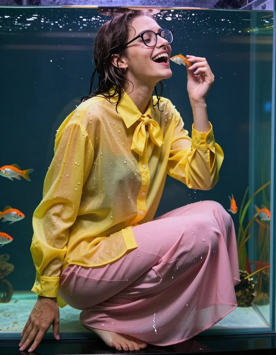 photo of young woman, in soaking wet, drenched clothes,
Barefeet, pink maxi skirt, glasses, yellow extremely oversized long sleeved buttoned down blouse, bowtie, fish aquarium submerged to the neck, 
enjoying, wet clothes stuck to body,
detailed textures of the wet clothes, wet face, wet plastered hair,
wet, drenched, professional, high-quality details, full body view.
sharp focus, ultra-high pixel detail, realistic, high-quality, full colors, incredibly detailed, 4k, 8k, 16k, hyper-realistic, RAW photo, masterpiece, ultra-detailed, professionally color graded, professional photograph, pov from the side of the aquarium, laughing, nerdy look, wet skin, wet clothes, damp fabric, wet skin, wet clothes, damp fabric