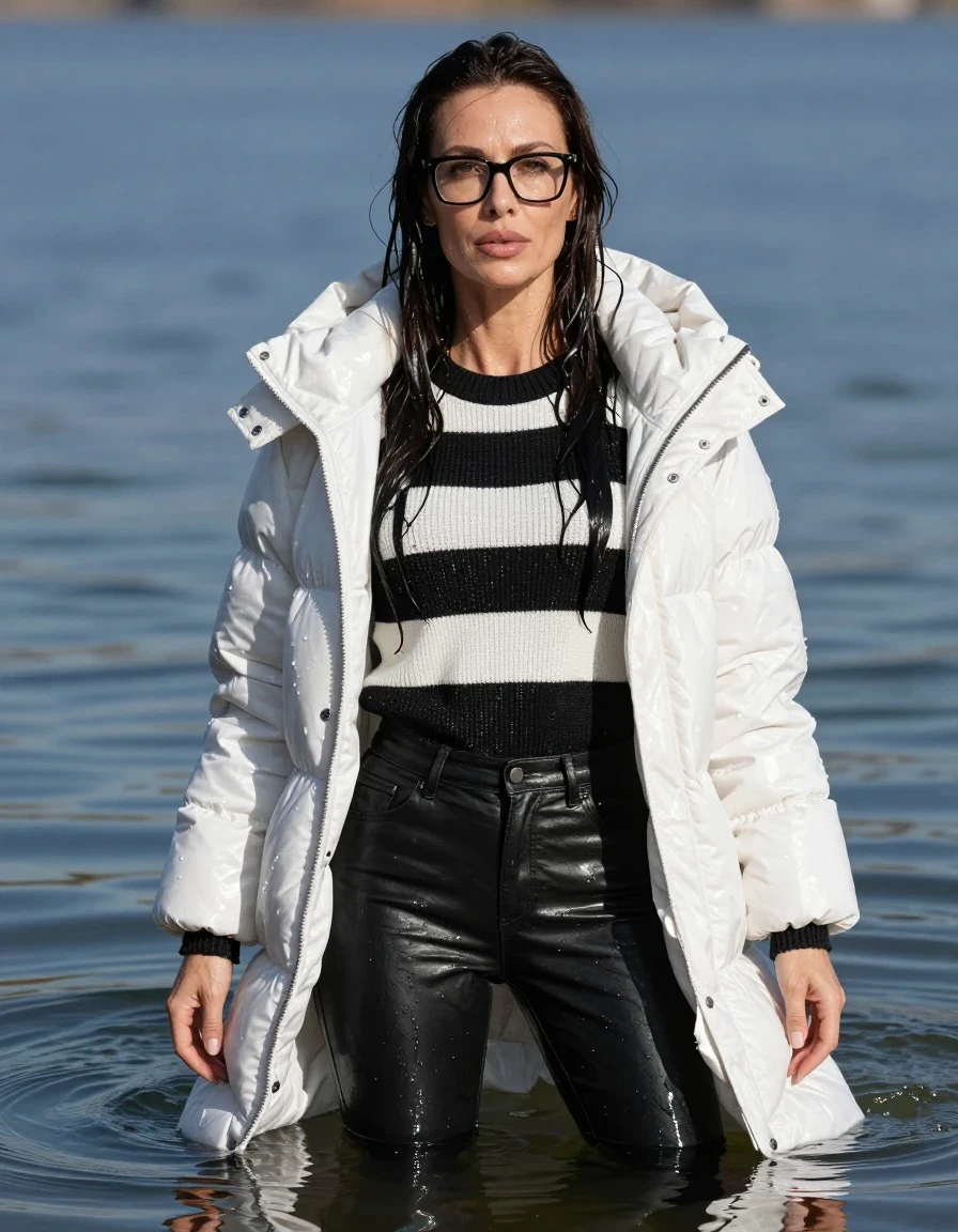 photo of young woman, in soaking wet, drenched clothes,
stilletto butts, long black leather jeans, long black & white sweater with long sleeves, maxi white winter down jacket, complete submerged under sunny very deep lake, 
enjoying, wet clothes stuck to body,
detailed textures of the wet clothes, wet face, wet plastered hair,
wet, drenched, professional, high-quality details, full body view.
sharp focus, ultra-high pixel detail, realistic, high-quality, full colors, incredibly detailed, 4k, 8k, 16k, hyper-realistic, RAW photo, masterpiece, ultra-detailed, professionally color graded, professional photograph, europen brunette skinny woman 40 years old, long dark black hair, very big and thick lips, office glasses, complete body, wet skin, wet clothes, damp fabric, wet skin, wet clothes, damp fabric, wet skin, wet clothes, damp fabric, wet skin, wet clothes, damp fabric, wet skin, wet clothes, damp fabric