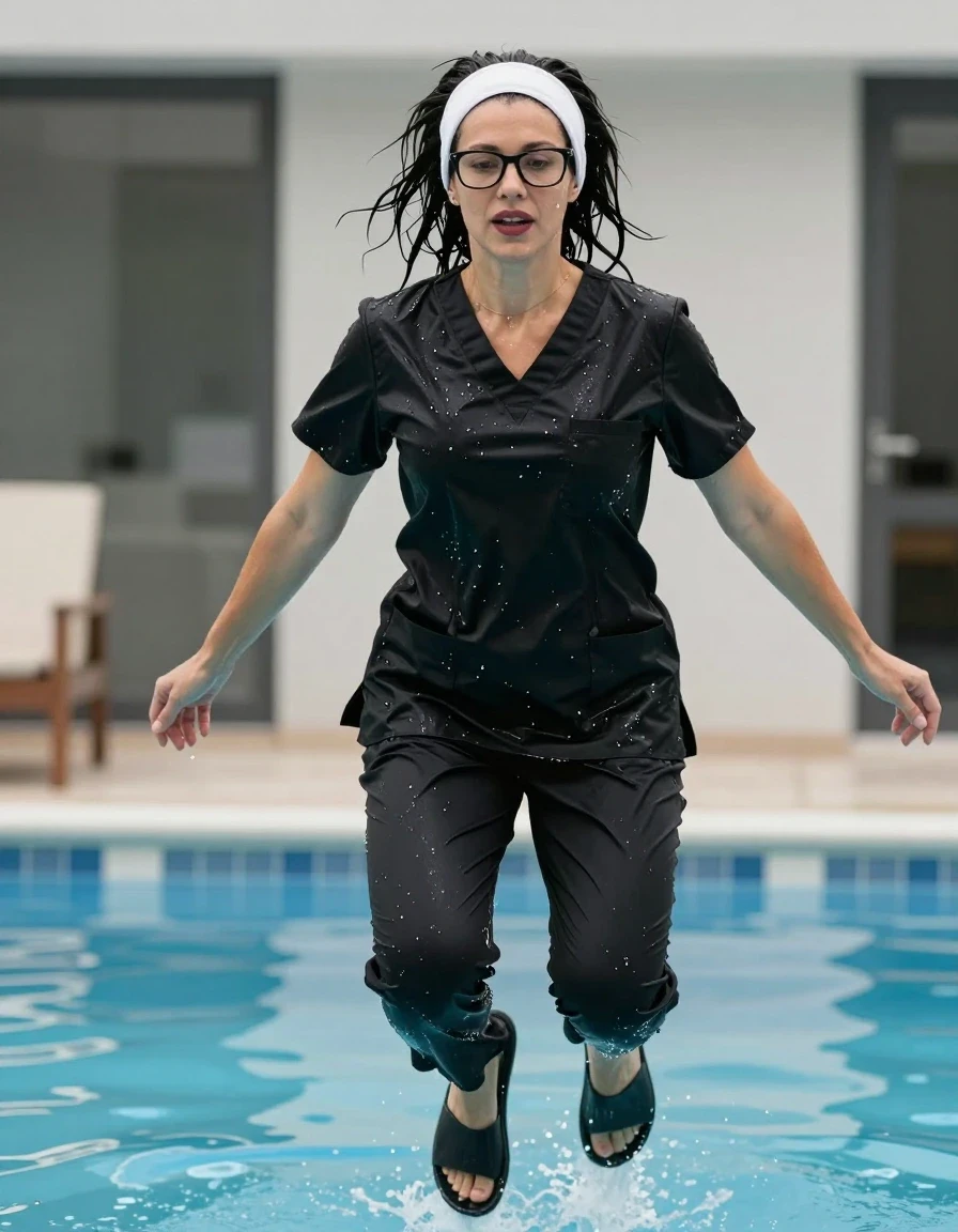 photo of young woman, in soaking wet, drenched clothes,
slippers, black scrubs, black scrubs, jumping in pool, 
enjoying, wet clothes stuck to body,
detailed textures of the wet clothes, wet face, wet plastered hair,
wet, drenched, professional, high-quality details, full body view.
sharp focus, ultra-high pixel detail, realistic, high-quality, full colors, incredibly detailed, 4k, 8k, 16k, hyper-realistic, RAW photo, masterpiece, ultra-detailed, professionally color graded, professional photograph, europen brunette skinny woman 40 years old, long dark black hair, very big and thick lips, office glasses, white headband, complete body, wet skin, wet clothes, damp fabric, wet skin, wet clothes, damp fabric, wet skin, wet clothes, damp fabric, wet skin, wet clothes, damp fabric, wet skin, wet clothes, damp fabric
