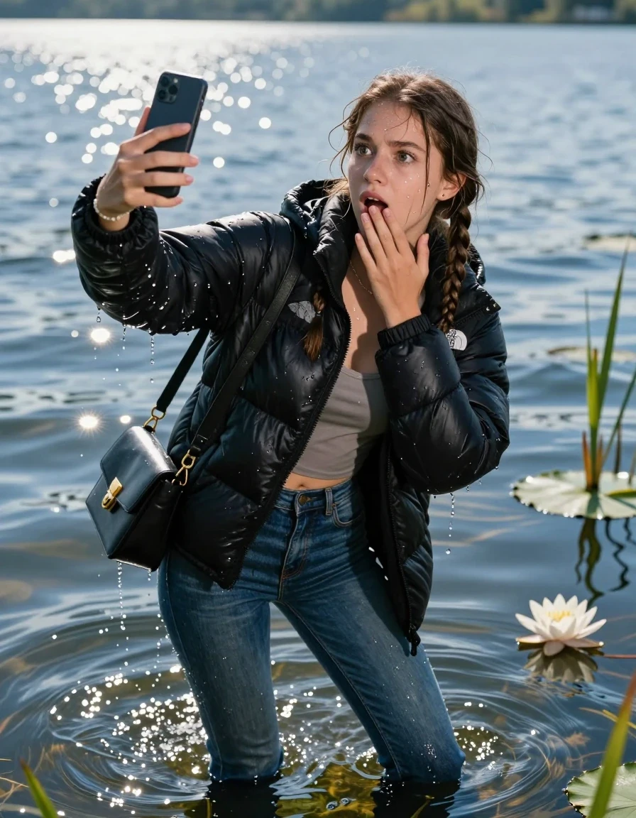 photo of young woman, in soaking wet, drenched clothes,
Boots, Glistening soaked tight Blue skinny jeans, Glistening soaked black puffer down jacket from north face, tight sexy tshirt with wide neckline belly free, smal shoulderbag, pearl necklace, bracelet,  Lake with water lilies and reeds, 
enjoying, wet clothes stuck to body,
detailed textures of the wet clothes, wet face, wet plastered hair,
wet, drenched, professional, high-quality details, full body view.
sharp focus, ultra-high pixel detail, realistic, high-quality, full colors, incredibly detailed, 4k, 8k, 16k, hyper-realistic, RAW photo, masterpiece, ultra-detailed, professionally color graded, professional photograph, A realistic vertical fashion photograph of an  15-year-old teenage Girl submerged after a dip  in a clear blue lake. 
wet plastered hair. Two long brunette braids. Afraid and astonished. Hold her hands on her mouth. Looking up at camera. Open mouth, big eyes. She take a Selfie. She soak her shoulderbag in the water. Leaning forward. her head and shoulders visible above the shimmering water surface, while her body and legs are submerged below. Natural sunlight creates sparkling reflections on the water's surface. High-quality fashion photography, sharp focus on her face, cinematic lighting.
The lighting is bright and cinematic, highlighting the glistening water droplets on her skin and the saturated texture of her clothes.

her clothes are heavy from the water, water runs from her body and her clothes in streams. A lot of water also runs out of her clothes. Her clothes are darkened by the water. Her submerged clothes are clinging wet. 

A shocked friend at the edge of the lake watching her.

soft atmospheric lighting reflecting off the surface, cinematic medium shot, hyper-realistic wetness, high-contrast water sheen, 8k resolution, sharp focus, wet skin, wet clothes, damp fabric, wet skin, wet clothes, damp fabric