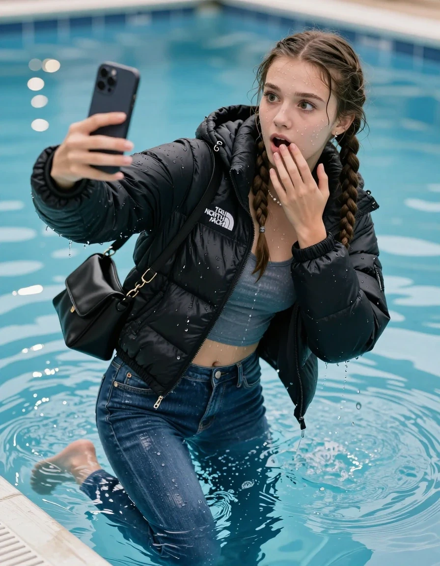 photo of young woman, in soaking wet, drenched clothes,
Boots, Glistening soaked tight Blue skinny jeans, Glistening soaked black puffer down jacket from north face, tight sexy tshirt with wide neckline belly free, smal shoulderbag, pearl necklace, bracelet,  Pool, 
enjoying, wet clothes stuck to body,
detailed textures of the wet clothes, wet face, wet plastered hair,
wet, drenched, professional, high-quality details, full body view.
sharp focus, ultra-high pixel detail, realistic, high-quality, full colors, incredibly detailed, 4k, 8k, 16k, hyper-realistic, RAW photo, masterpiece, ultra-detailed, professionally color graded, professional photograph, A realistic vertical fashion photograph of an  15-year-old teenage Girl submerged after a dip  in a clear blue swimming pool. 
wet plastered hair. Two long brunette braids. Afraid and astonished. Hold her hands on her mouth. Looking up at camera. Open mouth, big eyes. She take a Selfie. She soak her shoulderbag in the water. Leaning forward. her head and shoulders visible above the shimmering water surface, while her body and legs are submerged below. Natural sunlight creates sparkling reflections on the water's surface. High-quality fashion photography, sharp focus on her face, cinematic lighting.
The lighting is bright and cinematic, highlighting the glistening water droplets on her skin and the saturated texture of her clothes.

her clothes are heavy from the water, water runs from her body and her clothes in streams. A lot of water also runs out of her clothes. Her clothes are darkened by the water. Her submerged clothes are clinging wet. 

A shocked friend at the edge of the pool reaches out to help her out of the water.

soft atmospheric lighting reflecting off the surface, cinematic medium shot, hyper-realistic wetness, high-contrast water sheen, 8k resolution, sharp focus, wet skin, wet clothes, damp fabric, wet skin, wet clothes, damp fabric, wet skin, wet clothes, damp fabric, wet skin, wet clothes, damp fabric