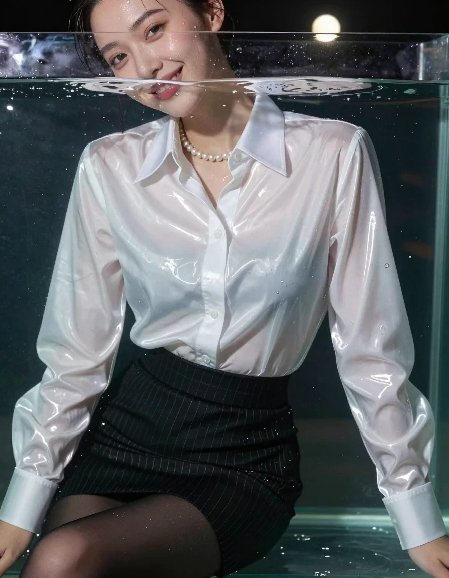 A photorealistic 8k high-fashion closeup of a beautiful 27-year-old European actress with a suntanned complexion, smiling elegantly at the camera while submerged in a large glass tank during the night. She is positioned horizontally on her front, with her ear at the water surface level. She is wearing a very shiny white satin men's dress shirt featuring a high, upright white collar stand with long spread tips and very long white French cuffs, paired with a black pinstripe pencil skirt and black tights. A pearl necklace adorns her neck. The clothing is drenched, soaked, and clinging to her body, with visible wet fabric texture, heavy folds, and water-darkened patches. The white satin shirt exhibits intense glossy specular reflections, with water sparkling in the gaps of the collar and shirt. Her skin is glistening with water droplets. The scene is illuminated by soft moonlight creating a warm glow. The composition is balanced and centered, focusing on the intricate wet details of the collar and the soaked fabric, captured with professional photography precision.
