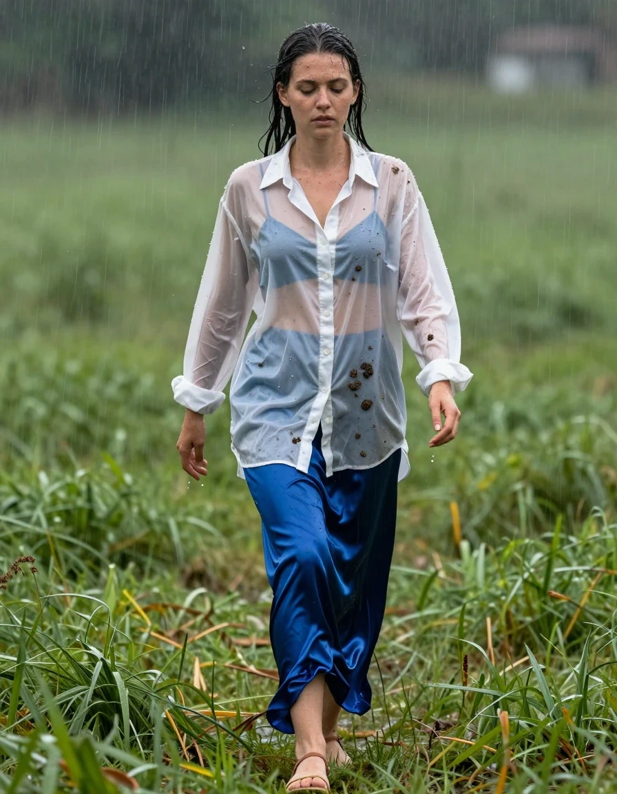 photo of young woman, in soaking wet, drenched clothes,
sandals, blue satin maxi skirt, top button is fastened, white kent collar oversized long sleeved buttoned down men's shirt, grass, 
enjoying, wet clothes stuck to body,
detailed textures of the wet clothes, wet face, wet plastered hair,
wet, drenched, professional, high-quality details, full body view.
sharp focus, ultra-high pixel detail, realistic, high-quality, full colors, incredibly detailed, 4k, 8k, 16k, hyper-realistic, RAW photo, masterpiece, ultra-detailed, professionally color graded, professional photograph, hiding in the grass during a storm, clothes muddy and drenched, wet skin, wet clothes, damp fabric