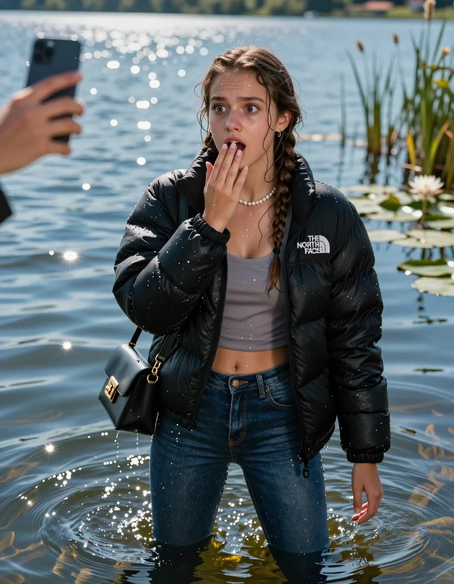 photo of young woman, in soaking wet, drenched clothes,
Boots, Glistening soaked tight Blue skinny jeans, Glistening soaked black puffer down jacket from north face, tight sexy tshirt with wide neckline belly free, smal shoulderbag, pearl necklace, bracelet,  Lake with water lilies and reeds, 
enjoying, wet clothes stuck to body,
detailed textures of the wet clothes, wet face, wet plastered hair,
wet, drenched, professional, high-quality details, full body view.
sharp focus, ultra-high pixel detail, realistic, high-quality, full colors, incredibly detailed, 4k, 8k, 16k, hyper-realistic, RAW photo, masterpiece, ultra-detailed, professionally color graded, professional photograph, A realistic vertical fashion photograph of an  15-year-old teenage Girl submerged after a dip  in a clear blue lake. 
wet plastered hair. Two long brunette braids. Afraid and astonished. Hold her hands on her mouth. Looking up at camera. Open mouth, big eyes. She take a Selfie. She soak her shoulderbag in the water. Leaning forward. her head and shoulders visible above the shimmering water surface, while her body and legs are submerged below. Natural sunlight creates sparkling reflections on the water's surface. High-quality fashion photography, sharp focus on her face, cinematic lighting.
The lighting is bright and cinematic, highlighting the glistening water droplets on her skin and the saturated texture of her clothes.

her clothes are heavy from the water, water runs from her body and her clothes in streams. A lot of water also runs out of her clothes. Her clothes are darkened by the water. Her submerged clothes are clinging wet. 

A shocked friend at the edge of the lake watching her.

soft atmospheric lighting reflecting off the surface, cinematic medium shot, hyper-realistic wetness, high-contrast water sheen, 8k resolution, sharp focus, wet skin, wet clothes, damp fabric, wet skin, wet clothes, damp fabric