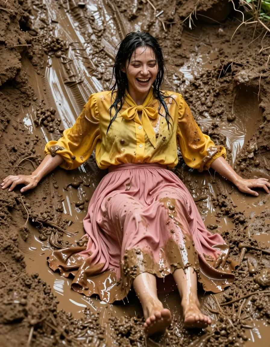 A photorealistic action shot of a young adult European woman with bare feet, sliding down a steep, slick mudslide. She is wearing an oversized pink maxi skirt and a yellow oversized long-sleeved buttoned-down blouse with a bowtie. Both garments are completely drenched, clinging to her body with heavy, damp fabric folds and deep, saturated color shifts due to the mud and water. Her skin is slick with water and mud, hair plastered to her face, with visible water sheen and glistening highlights. She is captured in a dynamic, laughing expression, fully immersed in the mud. The environment is a chaotic, wet, and messy mudslide landscape. Cinematic lighting emphasizes the textures of the dripping mud and soaked, heavy fabric, high-speed photography, sharp focus on the subject, intricate skin and fabric detail, hyper-realistic wetness, 8k resolution, professional photography.