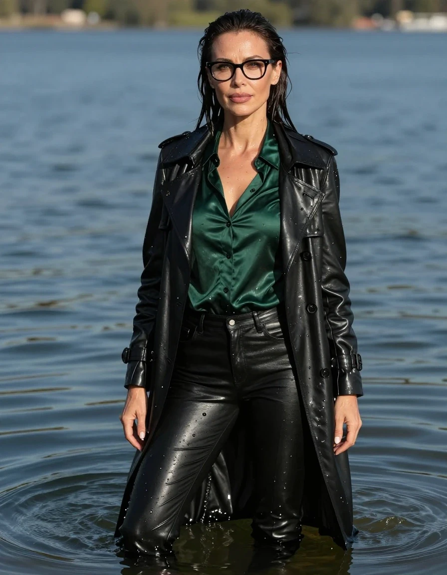 photo of young woman, in soaking wet, drenched clothes,
stilletto butts, long black leather jeans, long dark green silk satin shirt, maxi black leather trenchcoat, complete submerged under sunny very deep lake, 
enjoying, wet clothes stuck to body,
detailed textures of the wet clothes, wet face, wet plastered hair,
wet, drenched, professional, high-quality details, full body view.
sharp focus, ultra-high pixel detail, realistic, high-quality, full colors, incredibly detailed, 4k, 8k, 16k, hyper-realistic, RAW photo, masterpiece, ultra-detailed, professionally color graded, professional photograph, europen brunette skinny woman 40 years old, long dark black hair, very big and thick lips, office glasses, complete body, wet skin, wet clothes, damp fabric, wet skin, wet clothes, damp fabric, wet skin, wet clothes, damp fabric, wet skin, wet clothes, damp fabric, wet skin, wet clothes, damp fabric