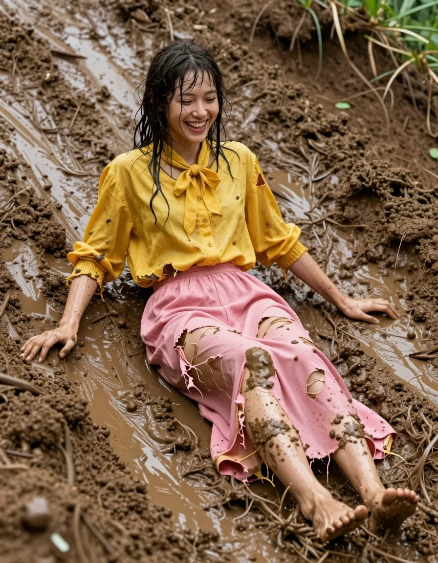 A photorealistic action shot of a young adult European woman with bare feet, sliding down a steep, slick mudslide. She is wearing an oversized pink maxi skirt and a yellow oversized long-sleeved buttoned-down blouse with a bowtie, both pieces of clothing are heavily torn, shredded, and clinging to her body. Her skin and hair are completely drenched, covered in thick layers of mud, with a realistic water sheen and damp texture. The fabric of her clothes is soaked through, appearing darker, heavy with mud, and clinging tightly to her frame with visible folds and saturated textures. She has a joyful, laughing expression on her face. The environment is a chaotic, rain-slicked muddy slope with mud splatters and rivulets of water. Cinematic lighting highlights the glossy, wet surfaces of the mud and the saturated, torn fabric, captured with a high-speed camera, sharp focus on the subject, 8k resolution, hyper-detailed skin texture, and realistic wetness.
