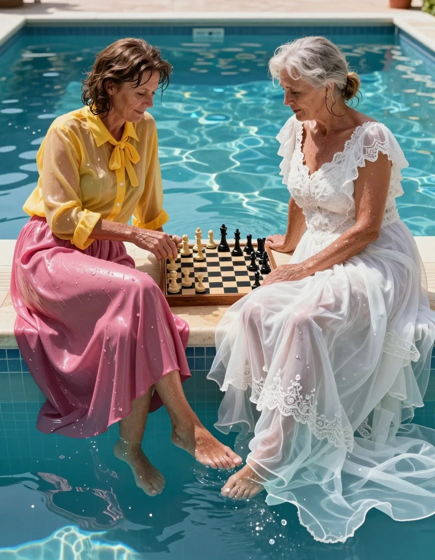 A photorealistic high-angle shot at a poolside, featuring two mature European women engaged in a game of chess. The first woman is barefoot, wearing a soaking-wet oversized pink maxi skirt that clings to her skin, its fabric darkened to a deep magenta with heavy, water-logged folds, and a yellow oversized long-sleeved buttoned-down blouse with a bowtie, now translucent and saturated with water. Opposite her, a second mature woman wears an elaborate, soaking-wet multi-layered wedding dress with a voluminous, water-heavy petticoat that drags in the shallow pool water, the white lace and tulle clinging to her body and turning translucent. Both women have wet hair and glistening, water-sheened skin. The setting is a sun-drenched pool deck with clear, reflective water, captured with sharp focus on the chess pieces and the textures of the drenched fabrics. Cinematic lighting highlights the glossy water droplets and the deep, uneven saturation of the soaked garments, creating strong specular reflections and realistic weight.