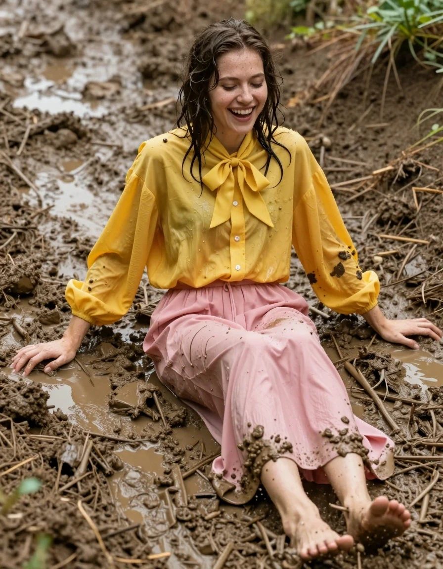 photo of young woman, in soaking wet, drenched clothes,
Barefeet, pink maxi skirt, yellow extremely oversized long sleeved buttoned down blouse, bowtie, mudslide, 
enjoying, wet clothes stuck to body,
detailed textures of the wet clothes, wet face, wet plastered hair,
wet, drenched, professional, high-quality details, full body view.
sharp focus, ultra-high pixel detail, realistic, high-quality, full colors, incredibly detailed, 4k, 8k, 16k, hyper-realistic, RAW photo, masterpiece, ultra-detailed, professionally color graded, professional photograph, sliding down the mud completely drenched and muddy, laughing, nerdy look, wet skin, wet clothes, damp fabric