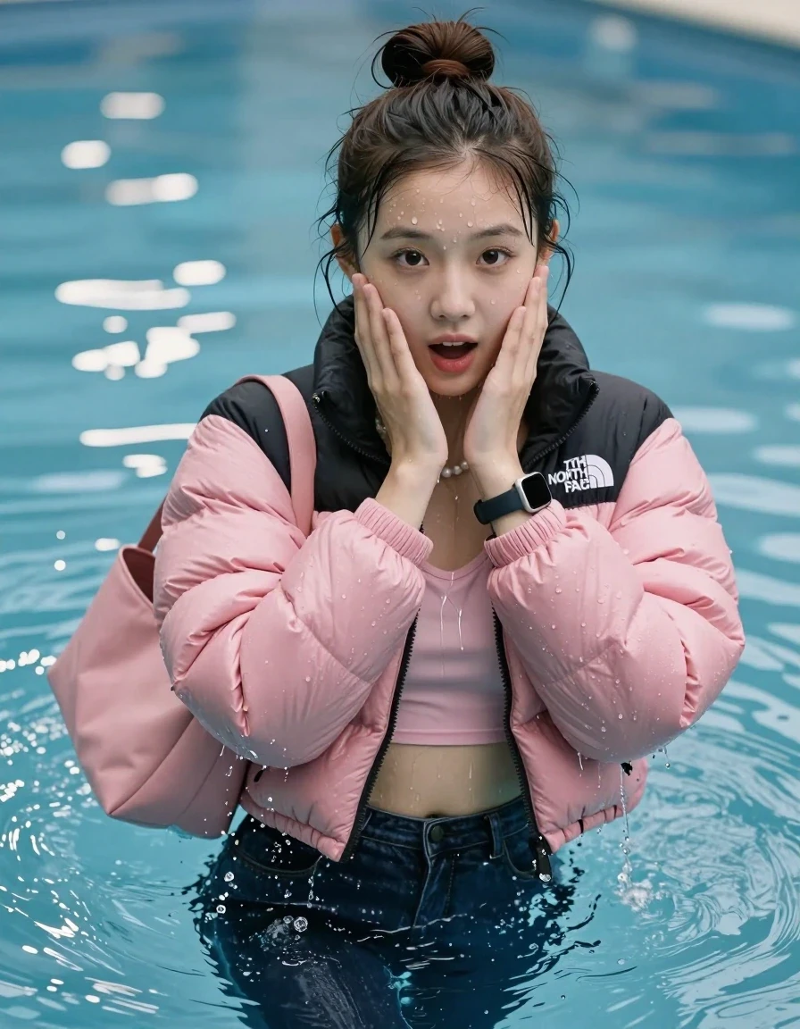 photo of young woman, in soaking wet, drenched clothes,
, Glistening soaked tight skinny jeans, Glistening soaked pink Puffer down jacket from north face, tight sexy tshirt with wide neckline belly free, shoulderbag, pearl necklace, smartwatch , Pool, 
enjoying, wet clothes stuck to body,
detailed textures of the wet clothes, wet face, wet plastered hair,
wet, drenched, professional, high-quality details, full body view.
sharp focus, ultra-high pixel detail, realistic, high-quality, full colors, incredibly detailed, 4k, 8k, 16k, hyper-realistic, RAW photo, masterpiece, ultra-detailed, professionally color graded, professional photograph, A realistic vertical fashion photograph of an  15-year-old asian teenage Girl lying after a dip submerged in a clear blue swimming pool. 
Complete wet plastered hair. Brunette  topknot with water cascading down her clothes. Shy and astonished. Slightly smile. Looking at camera. Hold her hands over her face. Open mouth, big eyes. She soak her shoulderbag in the water. The girl is positioned in the center of the frame, her head and shoulders visible above the shimmering water surface, while her body and legs are submerged below. Natural sunlight creates sparkling reflections on the water's surface. High-quality fashion photography, sharp focus on her face, cinematic lighting.
The lighting is bright and cinematic, highlighting the glistening water droplets on her skin and the saturated texture of her clothes.

her clothes are heavy from the water, water runs from her body and her clothes in streams. A lot of water also runs out of her clothes. Her clothes are darkened by the water. Her submerged clothes are clinging wet. 
soft atmospheric lighting reflecting off the surface, cinematic medium shot, hyper-realistic wetness, high-contrast water sheen, 8k resolution, sharp focus, wet skin, wet clothes, damp fabric, wet skin, wet clothes, damp fabric, wet skin, wet clothes, damp fabric