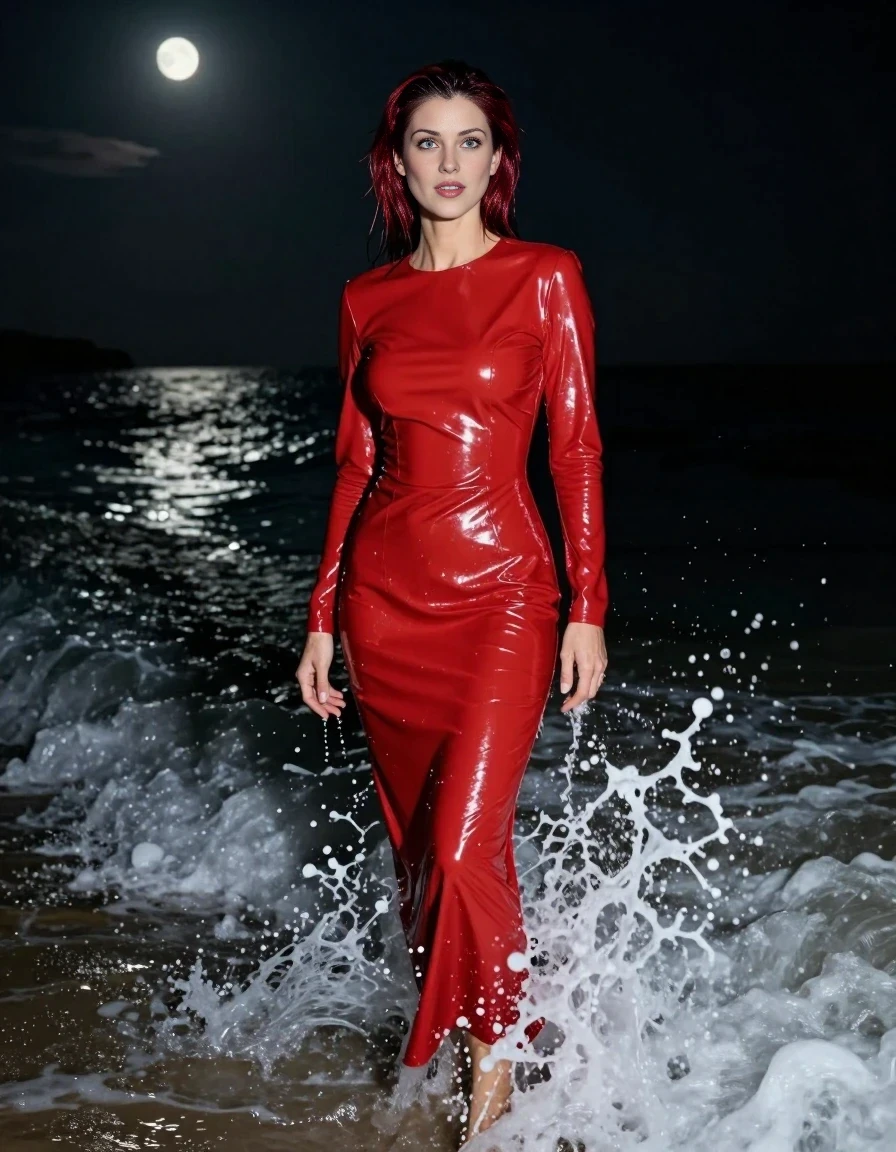 A high-quality, vertical fashion photograph of a 25-year-old woman standing in the ocean surf at night. She is wearing a vibrant, high-shine crimson vinyl dress that is completely drenched and glistening under the moonlight. Her shoulder-length dark auburn hair is wet and slicked back. She is being splashed by a crashing wave, with water droplets and sea foam captured in motion around her. The background is a dark, moody beach at night with moonlight reflecting off the wet sand and the high-shine vinyl material. The framing is a full-body portrait, capturing her silhouette and the intense, wet sheen of the dress. The woman is positioned centrally, facing the camera at a mild three-quarter angle, with her face clearly visible and illuminated by the moonlight. The depicted adult woman has shoulder-length dark auburn hair. Show her face clearly toward the camera at a mild three-quarter angle, large enough for a natural portrait face reference.