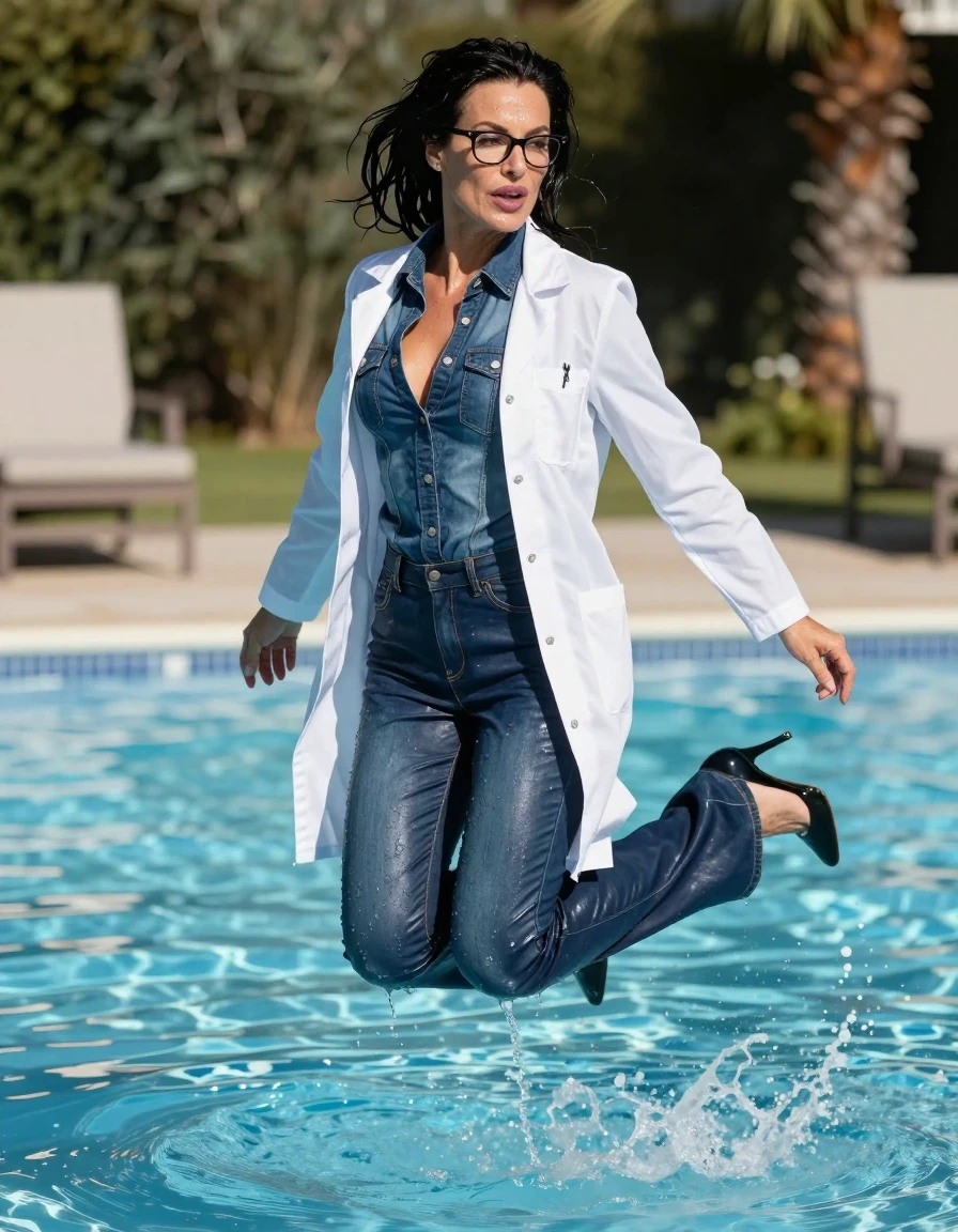 photo of young woman, in soaking wet, drenched clothes,
stilletto butts, maxi flared dark blue leather jeans skirt, denim leather shirt dress with long sleeves, long white labcoat with long sleeves, jumping complete submerged under very deep sunny pool, 
enjoying, wet clothes stuck to body,
detailed textures of the wet clothes, wet face, wet plastered hair,
wet, drenched, professional, high-quality details, full body view.
sharp focus, ultra-high pixel detail, realistic, high-quality, full colors, incredibly detailed, 4k, 8k, 16k, hyper-realistic, RAW photo, masterpiece, ultra-detailed, professionally color graded, professional photograph, europen brunette skinny woman 40 years old, long dark black hair, very big and thick lips, office glasses, complete body, wet skin, wet clothes, damp fabric, wet skin, wet clothes, damp fabric, wet skin, wet clothes, damp fabric, wet skin, wet clothes, damp fabric, wet skin, wet clothes, damp fabric