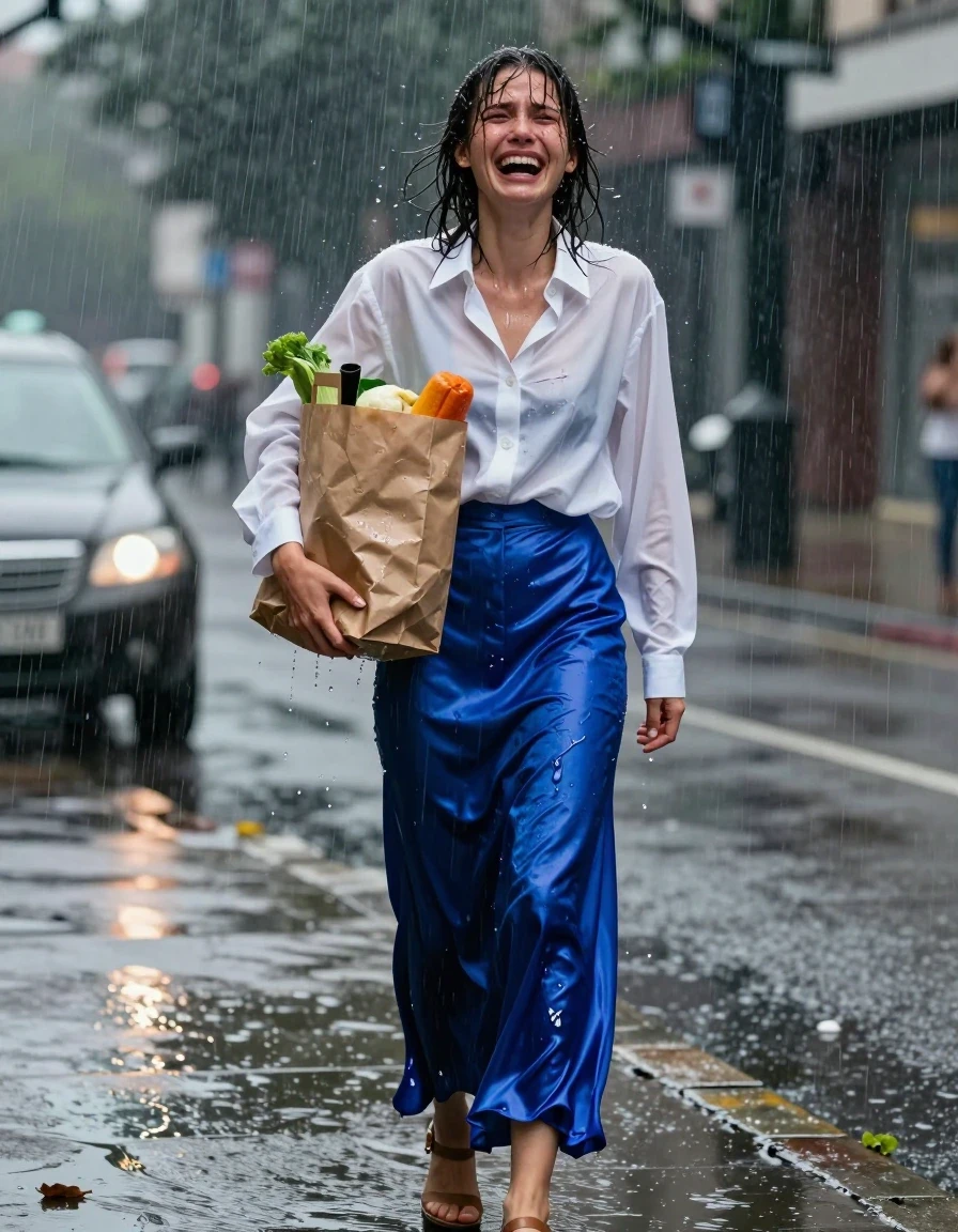 A photorealistic medium shot of a young adult European woman standing on a rain-slicked urban pavement during a fierce, torrential storm. She is wearing a crisp, white, oversized men's dress shirt with a kent collar, the top button fastened securely, paired with a vibrant blue satin maxi skirt. The fabric of the skirt is heavy, clinging to her legs, with deep, dark, saturated patches where the rain has soaked through, creating a high-gloss, liquid sheen and shimmering specular reflections across the folds. She wears open-toe sandals on her feet. She is clutching a brown paper bag filled with groceries, which is rapidly disintegrating from the heavy downpour. Her hair is matted and plastered to her face by the rain, and her clothes are dripping wet, darkened, and weighted down by water. She is caught in a moment of uncontrollable, tearful laughter, with her head tilted back and eyes squinted, her expression showing genuine, hysterical joy despite the chaotic weather. The background features a blurry, dark, rain-swept city street with moody, dramatic lighting, sharp focus on the textures of the wet fabric and skin, 8k resolution, cinematic atmosphere, high-speed photography capturing individual raindrops.