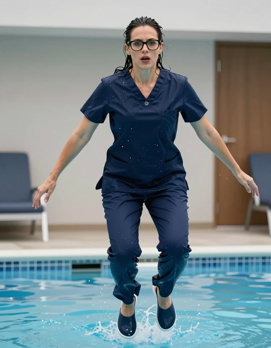 photo of young woman, in soaking wet, drenched clothes,
slippers, dark blue scrubs, dark blue scrubs, jumping in pool, 
enjoying, wet clothes stuck to body,
detailed textures of the wet clothes, wet face, wet plastered hair,
wet, drenched, professional, high-quality details, full body view.
sharp focus, ultra-high pixel detail, realistic, high-quality, full colors, incredibly detailed, 4k, 8k, 16k, hyper-realistic, RAW photo, masterpiece, ultra-detailed, professionally color graded, professional photograph, europen brunette skinny woman 40 years old, long dark black hair, very big and thick lips, office glasses,  complete body, wet skin, wet clothes, damp fabric, wet skin, wet clothes, damp fabric, wet skin, wet clothes, damp fabric, wet skin, wet clothes, damp fabric, wet skin, wet clothes, damp fabric