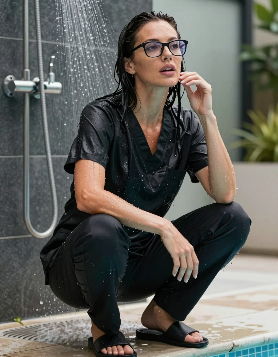 photo of young woman, in soaking wet, drenched clothes,
slippers, black scrubs, black scrubs, on the edge of pool under shower, 
enjoying, wet clothes stuck to body,
detailed textures of the wet clothes, wet face, wet plastered hair,
wet, drenched, professional, high-quality details, full body view.
sharp focus, ultra-high pixel detail, realistic, high-quality, full colors, incredibly detailed, 4k, 8k, 16k, hyper-realistic, RAW photo, masterpiece, ultra-detailed, professionally color graded, professional photograph, europen brunette skinny woman 40 years old, long dark black hair, very big and thick lips, office glasses,  complete body, wet skin, wet clothes, damp fabric, wet skin, wet clothes, damp fabric, wet skin, wet clothes, damp fabric, wet skin, wet clothes, damp fabric, wet skin, wet clothes, damp fabric