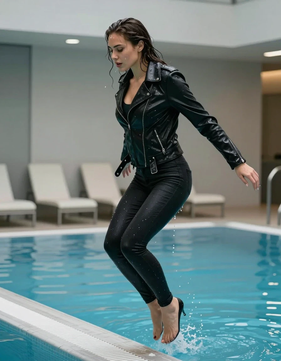 photo of young woman, in soaking wet, drenched clothes,
Black pumps , Skinny jeans, Black biker leatherjacket , indoor pool, 
enjoying, wet clothes stuck to body,
detailed textures of the wet clothes, wet face, wet plastered hair,
wet, drenched, professional, high-quality details, full body view.
sharp focus, ultra-high pixel detail, realistic, high-quality, full colors, incredibly detailed, 4k, 8k, 16k, hyper-realistic, RAW photo, masterpiece, ultra-detailed, professionally color graded, professional photograph, The young lady is jumping into the pool fully clothed., wet skin, wet clothes, damp fabric, wet skin, wet clothes, damp fabric, wet skin, wet clothes, damp fabric