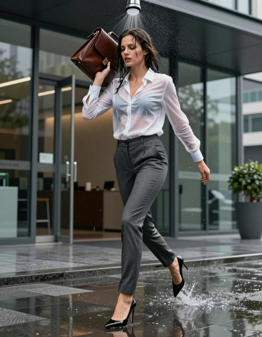 photo of young woman, in soaking wet, drenched clothes,
black pointed-toe stiletto heels soaked with puddle water, charcoal grey tailored slim-fit trousers clinging to skin from water saturation, white crisp button-down blouse completely translucent and drenched, tucked in, modern glass and steel office building entrance lobby, 
enjoying, wet clothes stuck to body,
detailed textures of the wet clothes, wet face, wet plastered hair,
wet, drenched, professional, high-quality details, full body view.
sharp focus, ultra-high pixel detail, realistic, high-quality, full colors, incredibly detailed, 4k, 8k, 16k, hyper-realistic, RAW photo, masterpiece, ultra-detailed, professionally color graded, professional photograph, candid paparazzi shot, subject caught mid-stride shielding her face with a leather briefcase while rushing under a malfunctioning overhead fire sprinkler, water droplets spraying mid-air, fabric texture clinging to body, photorealistic lifestyle photography, rich natural color, balanced bright exposure, moderate contrast, softly lifted shadows, wide angle waist-up framing., wet skin, wet clothes, damp fabric