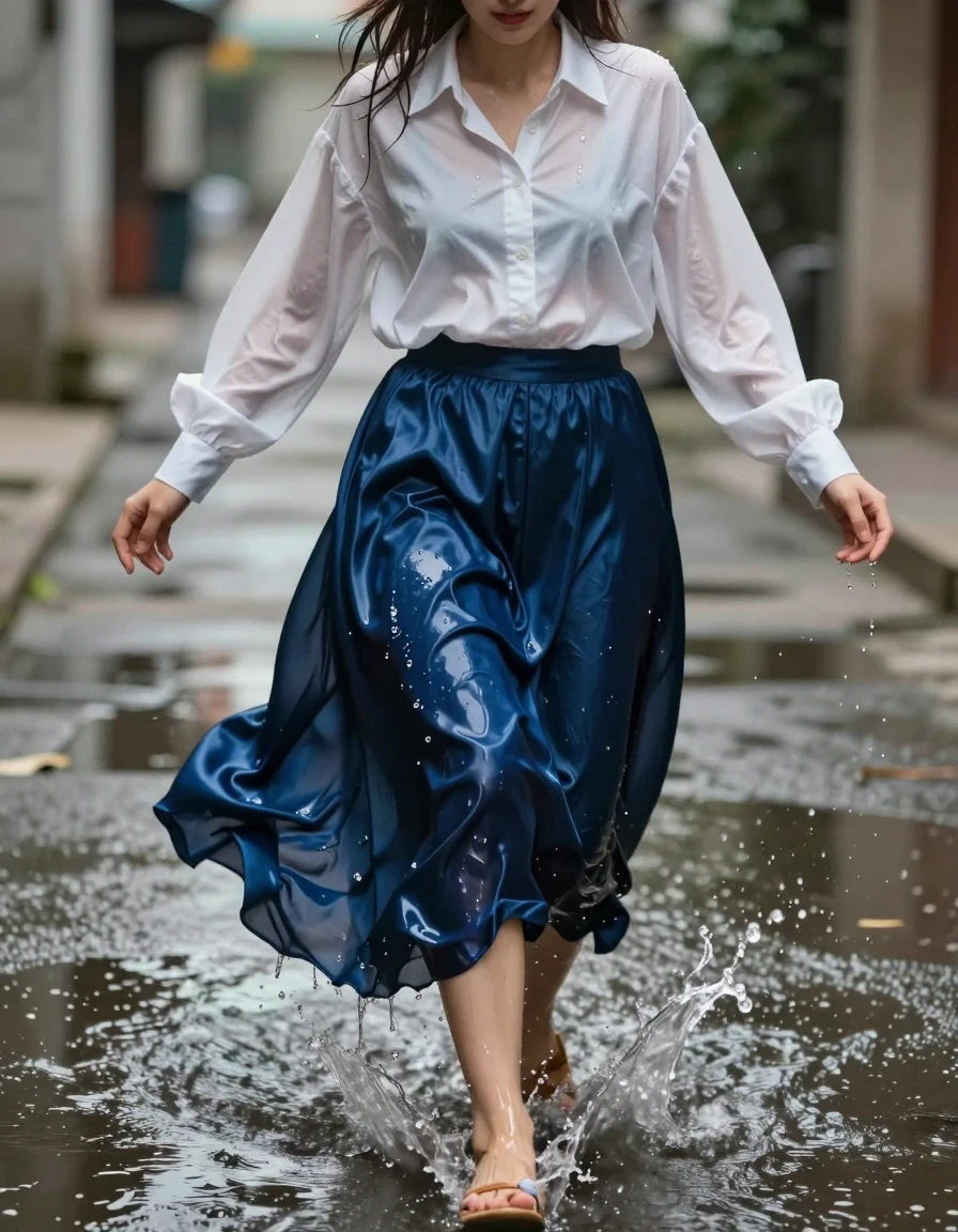 A young adult European woman captured in a dynamic, joyful moment, splashing through a shallow puddle on a concrete pavement. She is wearing a crisp white kent collar oversized long-sleeved men's shirt with only the top button fastened, and a flowing blue satin maxi skirt. The fabric of the skirt is heavily soaked where it hits the water, clinging to her legs with deep, dark saturated patches, heavy wet folds, and a high-sheen liquid gloss. She is wearing simple sandals, with her feet and ankles glistening with wetness from the puddle. Her skin and hair are damp with water droplets, catching the ambient light. The scene is captured with a high-shutter-speed photographic aesthetic, emphasizing the crystalline water droplets frozen in motion, realistic light reflections on the wet pavement, and the intricate texture of the saturated satin fabric. Cinematic lighting, sharp focus on the splash and the subject, hyper-realistic skin textures, 8k resolution, detailed atmospheric environment.