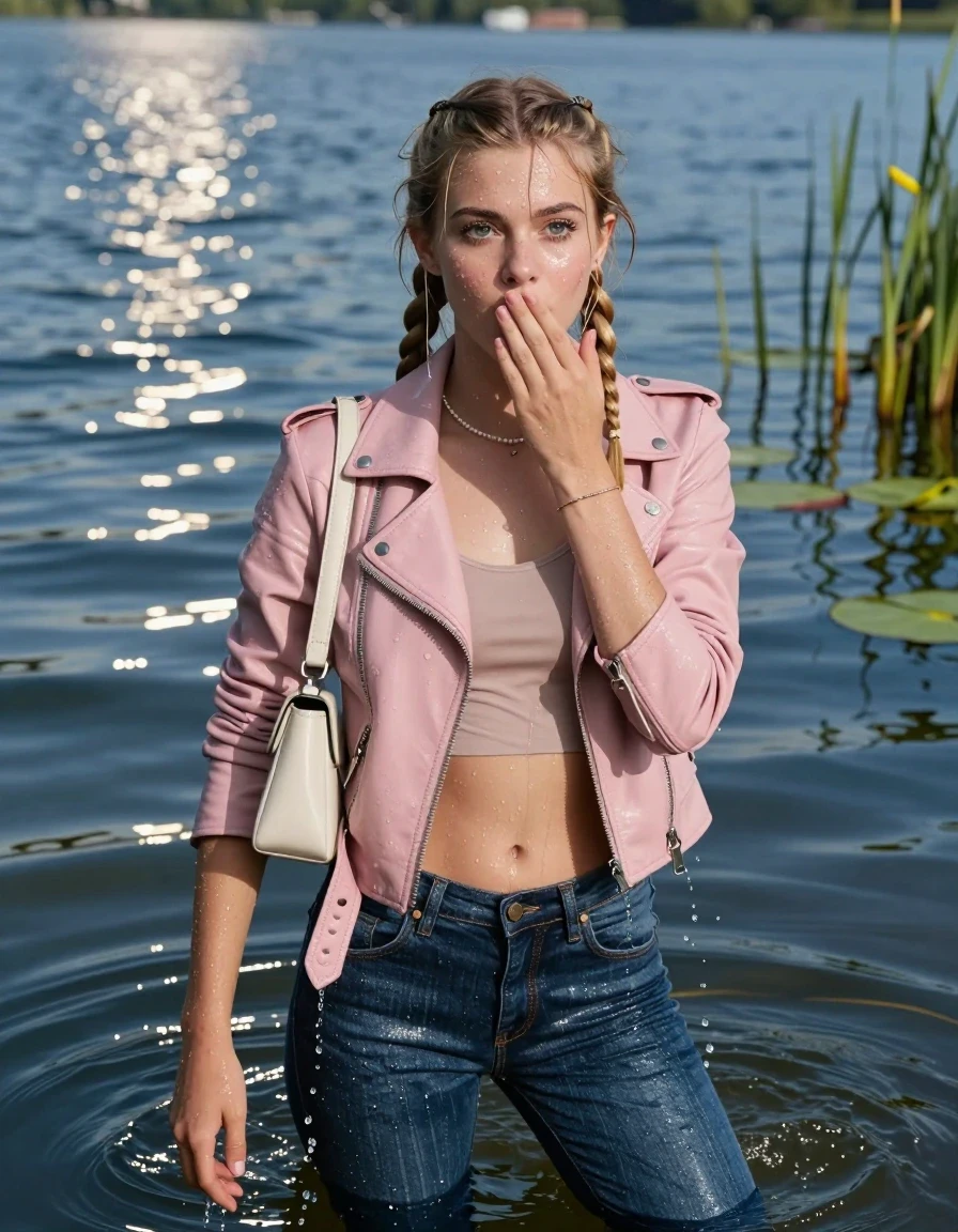 photo of young woman, in soaking wet, drenched clothes,
, Glistening soaked tight skinny jeans, Glistening soaked  light pink biker leatherjacket, tight sexy tshirt with wide neckline belly free, smal shoulderbag, pearl necklace, bracelet, Lake with water lilies and reeds, 
enjoying, wet clothes stuck to body,
detailed textures of the wet clothes, wet face, wet plastered hair,
wet, drenched, professional, high-quality details, full body view.
sharp focus, ultra-high pixel detail, realistic, high-quality, full colors, incredibly detailed, 4k, 8k, 16k, hyper-realistic, RAW photo, masterpiece, ultra-detailed, professionally color graded, professional photograph, View from behind: A realistic vertical fashion photograph of an  15-year-old teenage Girl emerge after a dip in a clear blue lake. 
wet plastered hair. Two long blonde braids. Afraid and astonished. Looking up at camera. Hold a hand on her mouth. Closed mouth, big eyes. She soak her shoulderbag in the water. The girl is positioned in the center of the frame, her head and shoulders visible above the shimmering water surface, while her body and legs are submerged below. Natural sunlight creates sparkling reflections on the water's surface. High-quality fashion photography, sharp focus on her face, cinematic lighting.
The lighting is bright and cinematic, highlighting the glistening water droplets on her skin and the saturated texture of her clothes.

her clothes are heavy from the water, water runs from her body and her clothes in streams. A lot of water also runs out of her clothes. Her clothes are darkened by the water. Her submerged clothes are clinging wet. 
soft atmospheric lighting reflecting off the surface, cinematic medium shot, hyper-realistic wetness, high-contrast water sheen, 8k resolution, sharp focus, wet skin, wet clothes, damp fabric, wet skin, wet clothes, damp fabric, wet skin, wet clothes, damp fabric, wet skin, wet clothes, damp fabric, wet skin, wet clothes, damp fabric