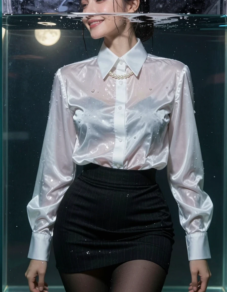 A photorealistic 8k high-fashion closeup of a beautiful 27-year-old European actress with a suntanned complexion, smiling elegantly while submerged horizontally in a large glass tank at night. She is wearing a very shiny white satin men's dress shirt featuring a large, high, white collar with a high upright collar stand and long spread tips, paired with very long white French cuffs, a black pinstripe pencil skirt, black tights, and a pearl necklace. The clothing is completely drenched, soaked, and clinging to her body, with visible water sparkles in the shirt gaps and heavy, clinging fabric texture. Her skin is wet with glistening droplets, and her hair is damp. She is positioned so the water level hits her ear. The scene is illuminated by soft, warm moonlight casting a glow through the water, highlighting the sheen and wet texture of the saturated fabrics. Professional studio-quality composition, central framing, sharp focus on the high collar and glossy wet clothing, cinematic lighting, masterpiece, highly detailed, realistic skin pores, water refraction.