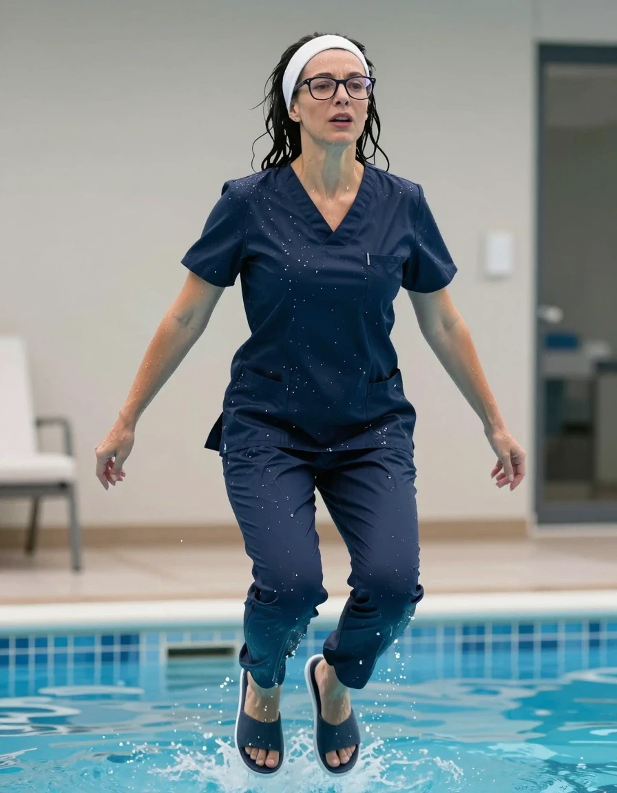 photo of young woman, in soaking wet, drenched clothes,
slippers, dark blue scrubs, dark blue scrubs, jumping in pool, 
enjoying, wet clothes stuck to body,
detailed textures of the wet clothes, wet face, wet plastered hair,
wet, drenched, professional, high-quality details, full body view.
sharp focus, ultra-high pixel detail, realistic, high-quality, full colors, incredibly detailed, 4k, 8k, 16k, hyper-realistic, RAW photo, masterpiece, ultra-detailed, professionally color graded, professional photograph, europen brunette skinny woman 40 years old, long dark black hair, very big and thick lips, office glasses, white headband, complete body, wet skin, wet clothes, damp fabric, wet skin, wet clothes, damp fabric, wet skin, wet clothes, damp fabric, wet skin, wet clothes, damp fabric, wet skin, wet clothes, damp fabric