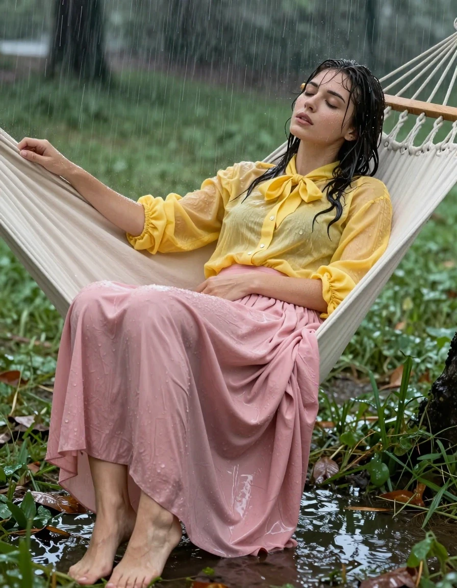 photo of young woman, in soaking wet, drenched clothes,
Barefeet, oversized pink maxi skirt, yellow oversized long sleeved buttoned down blouse, bowtie, park, 
enjoying, wet clothes stuck to body,
detailed textures of the wet clothes, wet face, wet plastered hair,
wet, drenched, professional, high-quality details, full body view.
sharp focus, ultra-high pixel detail, realistic, high-quality, full colors, incredibly detailed, 4k, 8k, 16k, hyper-realistic, RAW photo, masterpiece, ultra-detailed, professionally color graded, professional photograph, sleeping in a hammock during torrential downpour, wet skin, wet clothes, damp fabric