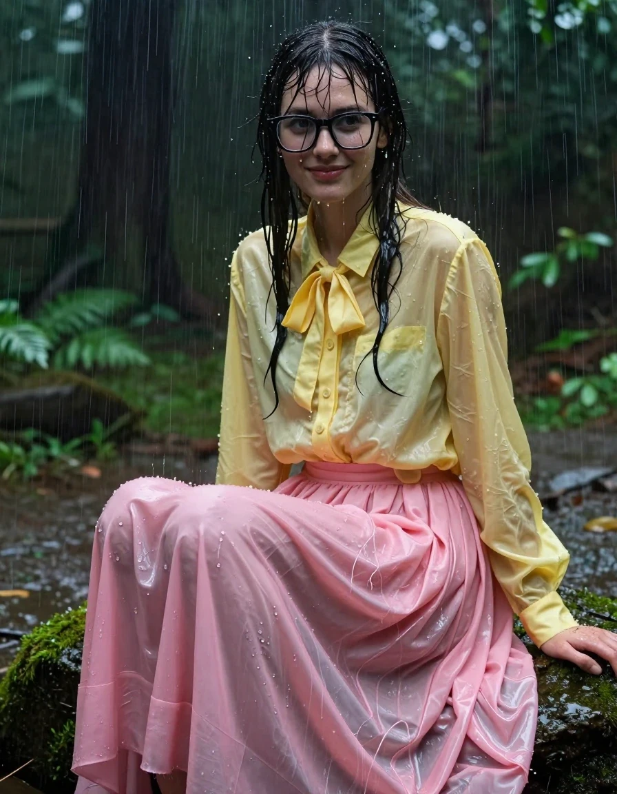 A photorealistic, full-body portrait of a young adult European woman with a nerdy aesthetic, wearing oversized thick-rimmed glasses, sitting on a mossy rock in a lush forest during a torrential downpour. She is wearing a yellow oversized long-sleeved button-down blouse with a bowtie and a voluminous pink maxi skirt. The clothing is completely drenched, with the fabric clinging to her frame, heavy with water, and showing deep, saturated colors and translucent folds. Her skin and hair are glistening with cascading rainwater, featuring realistic wet textures and water sheen. She has a gentle, smiling expression. The forest environment is dark and atmospheric, with heavy rain streaks visible in the air, wet foliage, and mud. The lighting is moody and natural, highlighting the glossy, wet surfaces of her skin and clothing. High-resolution photography, sharp focus on the subject, intricate details of soaked fabric texture, cinematic composition.