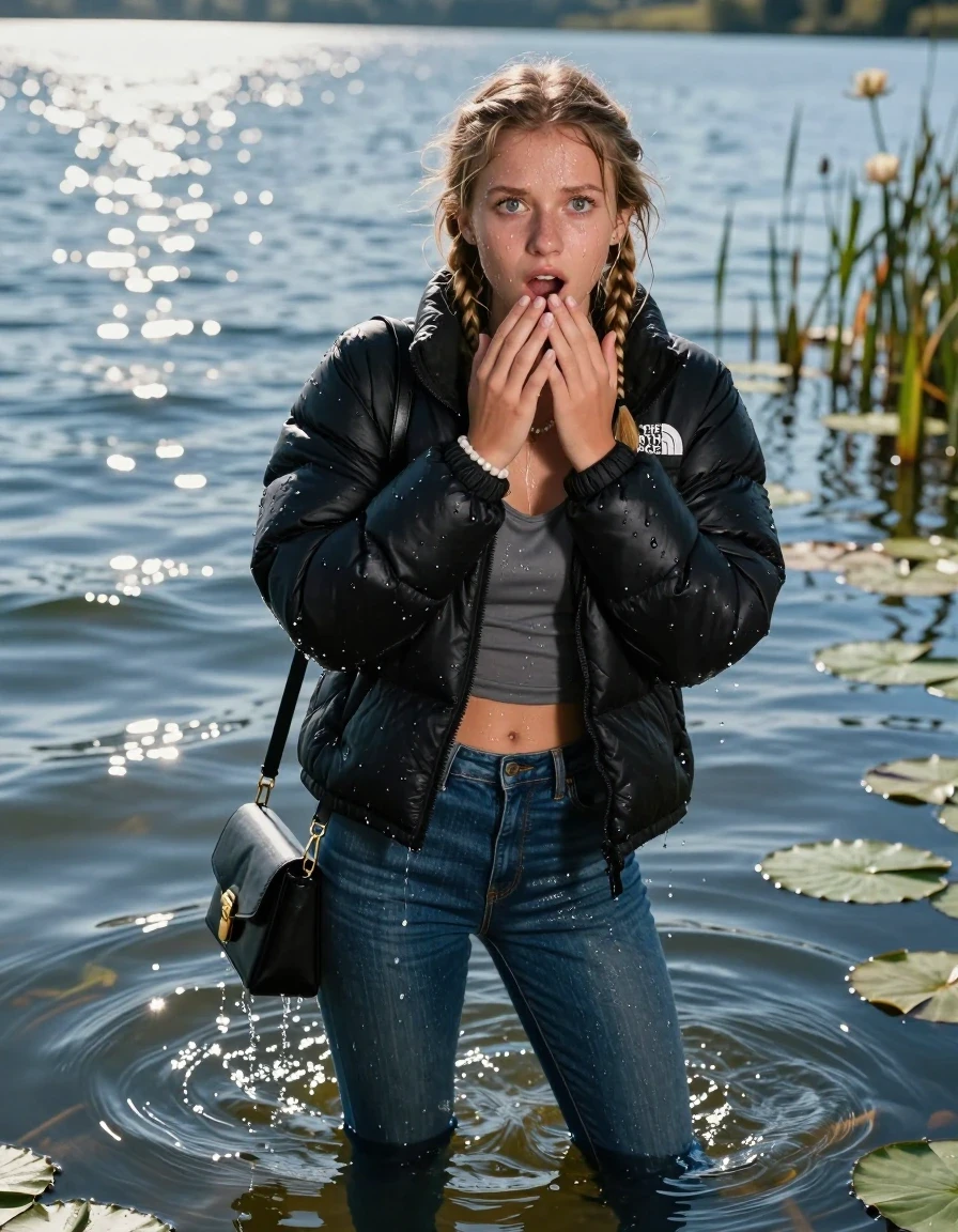 photo of young woman, in soaking wet, drenched clothes,
, Glistening soaked tight Blue skinny jeans, Glistening soaked black puffer down jacket from north face, tight sexy tshirt with wide neckline belly free, smal shoulderbag, pearl necklace, bracelet,  Lake with water lilies and reeds, 
enjoying, wet clothes stuck to body,
detailed textures of the wet clothes, wet face, wet plastered hair,
wet, drenched, professional, high-quality details, full body view.
sharp focus, ultra-high pixel detail, realistic, high-quality, full colors, incredibly detailed, 4k, 8k, 16k, hyper-realistic, RAW photo, masterpiece, ultra-detailed, professionally color graded, professional photograph, A realistic vertical fashion photograph of an  15-year-old teenage Girl submerged after a dip  in a clear blue lake. 
wet plastered hair. Two long blonde braids. Afraid and astonished. Hold her hands on her mouth. Looking up at camera. Open mouth, big eyes. She take a Selfie. She soak her shoulderbag in the water. Leaning forward. her head and shoulders visible above the shimmering water surface, while her body and legs are submerged below. Natural sunlight creates sparkling reflections on the water's surface. High-quality fashion photography, sharp focus on her face, cinematic lighting.
The lighting is bright and cinematic, highlighting the glistening water droplets on her skin and the saturated texture of her clothes.

her clothes are heavy from the water, water runs from her body and her clothes in streams. A lot of water also runs out of her clothes. Her clothes are darkened by the water. Her submerged clothes are clinging wet. 

A shocked friend at the edge of the lake watching her.

soft atmospheric lighting reflecting off the surface, cinematic medium shot, hyper-realistic wetness, high-contrast water sheen, 8k resolution, sharp focus, wet skin, wet clothes, damp fabric, wet skin, wet clothes, damp fabric