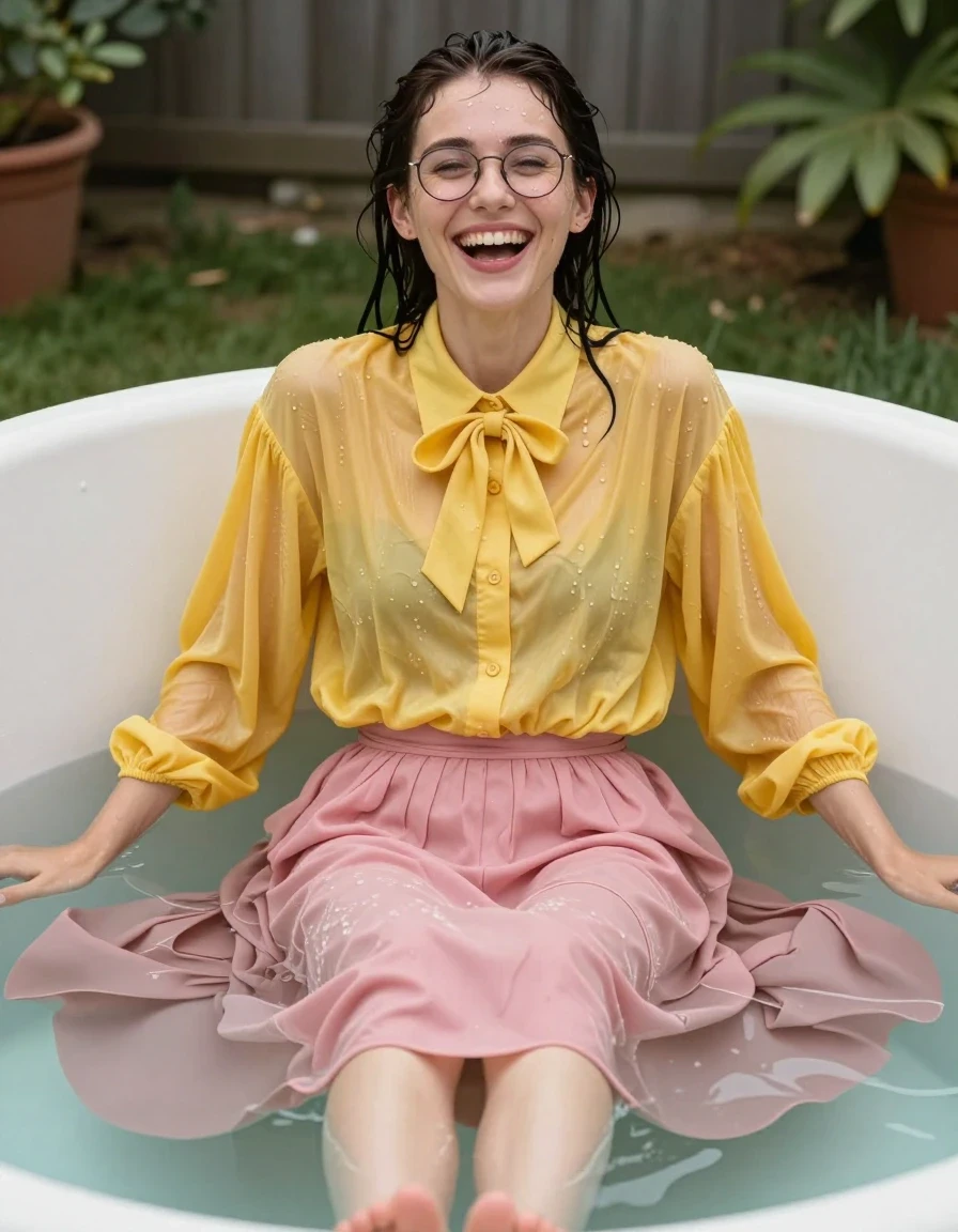 photo of young woman, in soaking wet, drenched clothes,
Barefeet, pink maxi skirt, glasses, yellow extremely oversized long sleeved buttoned down blouse, bowtie, in a water tank submerged to the neck, 
enjoying, wet clothes stuck to body,
detailed textures of the wet clothes, wet face, wet plastered hair,
wet, drenched, professional, high-quality details, full body view.
sharp focus, ultra-high pixel detail, realistic, high-quality, full colors, incredibly detailed, 4k, 8k, 16k, hyper-realistic, RAW photo, masterpiece, ultra-detailed, professionally color graded, professional photograph, laughing, nerdy look, wet skin, wet clothes, damp fabric, wet skin, wet clothes, damp fabric