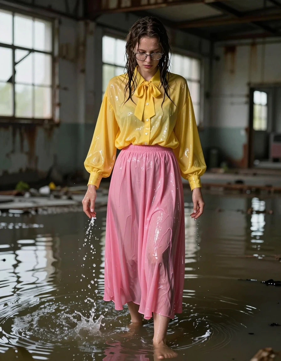 A photorealistic medium shot of a young adult European woman with bare feet, standing in an abandoned flooded warehouse with murky water reaching her ankles. She is wearing an extremely oversized, long-sleeved, yellow buttoned-down blouse with a bowtie and a vibrant pink maxi skirt. The fabric of the blouse and skirt is heavily soaked, clinging to her skin with deep, saturated colors, visible damp folds, and heavy textures indicating water saturation. Her skin is glistening with a wet sheen, and her hair is damp and matted. She is captured in the act of covering herself with the dirty warehouse water, creating ripples and splashes. The lighting is moody and diffuse, filtering through cracked warehouse windows, highlighting the glossy specular reflections on the wet skin and the heavy, clinging, water-logged fabric of her clothing. She wears glasses, with droplets clinging to the lenses. The environment is gritty, with rusted industrial elements and stagnant, reflective water filling the floor.