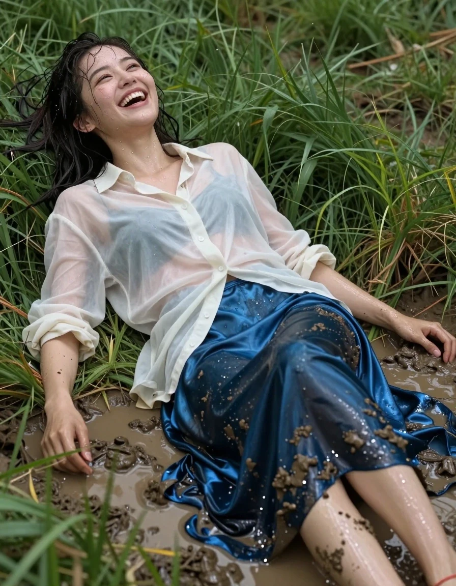A young adult European woman lying in a muddy puddle on lush green grass, captured in a high-detail photorealistic shot. She is laughing, her hair and skin glistening with wetness, water droplets clinging to her face and arms. She is wearing a white oversized men's shirt with a crisp kent collar and only the top button fastened, the fabric appearing translucent, heavy, and clinging to her torso due to saturation. Beneath this, she wears a blue satin maxi skirt, the fabric soaked through, appearing darker and clinging to her legs with a high-sheen liquid gloss and heavy, wet folds. On her feet are sandals, partially submerged and coated in mud and water. The lighting is natural daylight, highlighting the glossy specular reflections on the wet surfaces of her clothes and skin. The atmosphere is messy and candid, emphasizing the contrast between the soaked, darkened fabrics and the surrounding grass, sharp focus, cinematic composition, 8k resolution.