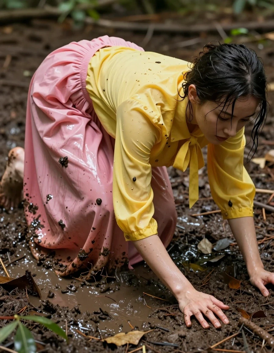 A photorealistic, high-detail wide shot of a young adult European woman crawling on a dark, damp forest floor, fully immersed in the mud. She is wearing an oversized yellow long-sleeved buttoned-down blouse with a bowtie and a voluminous oversized pink maxi skirt. Her bare feet are pressed into the soft, wet earth. The fabric of her skirt and blouse is heavily soaked, clinging to her skin, with deep, saturated colors, dark mud-stained patches, heavy wet folds, and a slick, water-drenched sheen. Her hair and skin are glistening with moisture, mud, and water droplets. The scene captures the tactile texture of the wet forest floor, rich brown soil, scattered wet leaves, and natural filtered light highlighting the glossy wet surfaces of her clothing and skin. Cinematic composition, 8k resolution, highly detailed skin texture, sharp focus on the interplay between the muddy environment and the saturated, wet fabric.