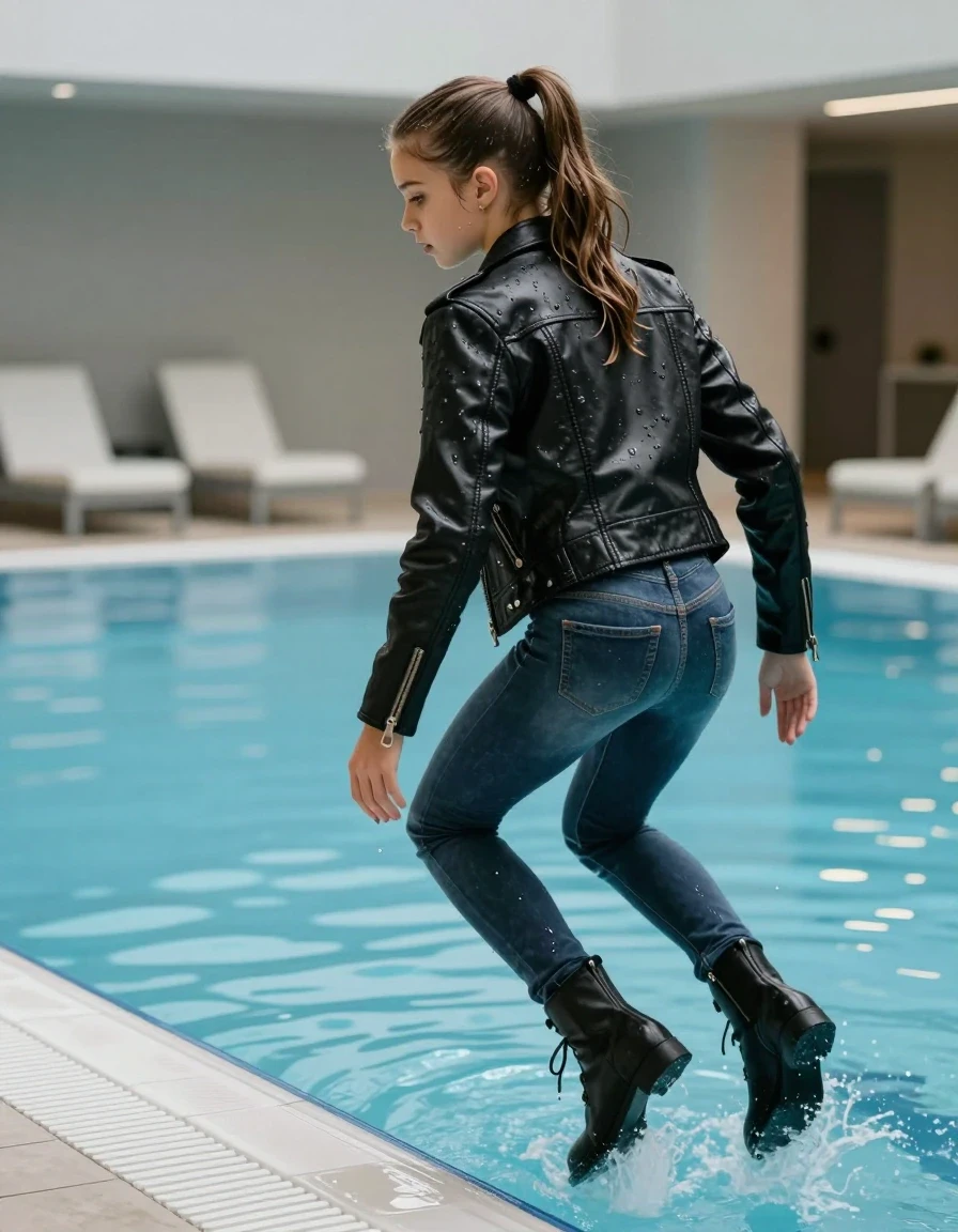 photo of young woman, in soaking wet, drenched clothes,
Ankle boots, Skinny jeans, Black biker leatherjacket , indoor pool, 
enjoying, wet clothes stuck to body,
detailed textures of the wet clothes, wet face, wet plastered hair,
wet, drenched, professional, high-quality details, full body view.
sharp focus, ultra-high pixel detail, realistic, high-quality, full colors, incredibly detailed, 4k, 8k, 16k, hyper-realistic, RAW photo, masterpiece, ultra-detailed, professionally color graded, professional photograph, View from behind: A 15-years-old teenage girl with sleek ponytail and a her hands on her knees is jumping into the pool fully clothed. She pressed her knees together, wet skin, wet clothes, damp fabric, wet skin, wet clothes, damp fabric, wet skin, wet clothes, damp fabric