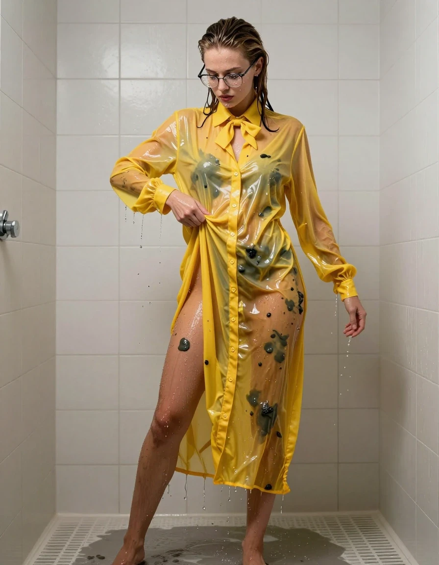 A photorealistic full-body shot of a young adult European woman with wet, slicked-back hair standing inside a tiled shower. She is wearing an extremely oversized, long-sleeved, yellow maxi button-down dress that is heavily soaked, clinging to her body with deep, dark water-saturated patches, heavy wet folds, and a translucent sheen. She wears a bowtie at her neck and glasses that are speckled with water droplets. She is barefoot, with water cascading down her skin. She is captured in the act of ripping the fabric of her muddy, mucky, water-logged dress, revealing the texture of the wet material. The lighting is bright and clinical, highlighting the high-gloss specular reflections on the wet fabric and her damp skin. 8k resolution, cinematic lighting, sharp focus, highly detailed textures, realistic water physics.