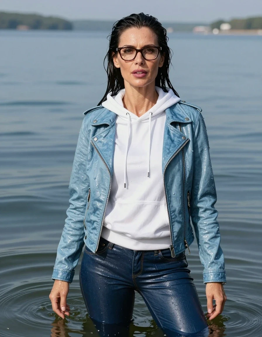 photo of young woman, in soaking wet, drenched clothes,
stilletto butts, long blue leather jeans, long white hoodie, maxi light blue denimleather  jacket, complete submerged under very deep sunny lake, 
enjoying, wet clothes stuck to body,
detailed textures of the wet clothes, wet face, wet plastered hair,
wet, drenched, professional, high-quality details, full body view.
sharp focus, ultra-high pixel detail, realistic, high-quality, full colors, incredibly detailed, 4k, 8k, 16k, hyper-realistic, RAW photo, masterpiece, ultra-detailed, professionally color graded, professional photograph, europen brunette skinny woman 40 years old, long dark black hair, very big and thick lips, office glasses, complete body, wet skin, wet clothes, damp fabric, wet skin, wet clothes, damp fabric, wet skin, wet clothes, damp fabric, wet skin, wet clothes, damp fabric, wet skin, wet clothes, damp fabric