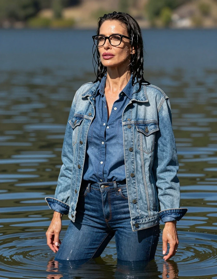photo of young woman, in soaking wet, drenched clothes,
stilletto butts, long blue jeans, long blue denim shirt, maxi light blue denim jacket, complete submerged under very deep sunny lake, 
enjoying, wet clothes stuck to body,
detailed textures of the wet clothes, wet face, wet plastered hair,
wet, drenched, professional, high-quality details, full body view.
sharp focus, ultra-high pixel detail, realistic, high-quality, full colors, incredibly detailed, 4k, 8k, 16k, hyper-realistic, RAW photo, masterpiece, ultra-detailed, professionally color graded, professional photograph, europen brunette skinny woman 40 years old, long dark black hair, very big and thick lips, office glasses, complete body, wet skin, wet clothes, damp fabric, wet skin, wet clothes, damp fabric, wet skin, wet clothes, damp fabric, wet skin, wet clothes, damp fabric, wet skin, wet clothes, damp fabric