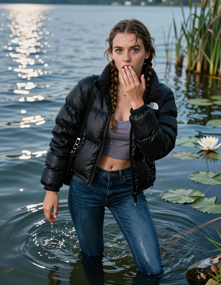 photo of young woman, in soaking wet, drenched clothes,
Boots, Glistening soaked tight Blue skinny jeans, Glistening soaked black puffer down jacket from north face, tight sexy tshirt with wide neckline belly free, smal shoulderbag, pearl necklace, bracelet,  Lake with water lilies and reeds, 
enjoying, wet clothes stuck to body,
detailed textures of the wet clothes, wet face, wet plastered hair,
wet, drenched, professional, high-quality details, full body view.
sharp focus, ultra-high pixel detail, realistic, high-quality, full colors, incredibly detailed, 4k, 8k, 16k, hyper-realistic, RAW photo, masterpiece, ultra-detailed, professionally color graded, professional photograph, A realistic vertical fashion photograph of an  15-year-old teenage Girl submerged after a dip  in a clear blue lake. 
wet plastered hair. Two long brunette braids. Afraid and astonished. Hold her hands on her mouth. Looking up at camera. Open mouth, big eyes. She take a Selfie. She soak her shoulderbag in the water. Leaning forward. her head and shoulders visible above the shimmering water surface, while her body and legs are submerged below. Natural sunlight creates sparkling reflections on the water's surface. High-quality fashion photography, sharp focus on her face, cinematic lighting.
The lighting is bright and cinematic, highlighting the glistening water droplets on her skin and the saturated texture of her clothes.

her clothes are heavy from the water, water runs from her body and her clothes in streams. A lot of water also runs out of her clothes. Her clothes are darkened by the water. Her submerged clothes are clinging wet. 

A shocked friend at the edge of the lake watching her.

soft atmospheric lighting reflecting off the surface, cinematic medium shot, hyper-realistic wetness, high-contrast water sheen, 8k resolution, sharp focus, wet skin, wet clothes, damp fabric, wet skin, wet clothes, damp fabric