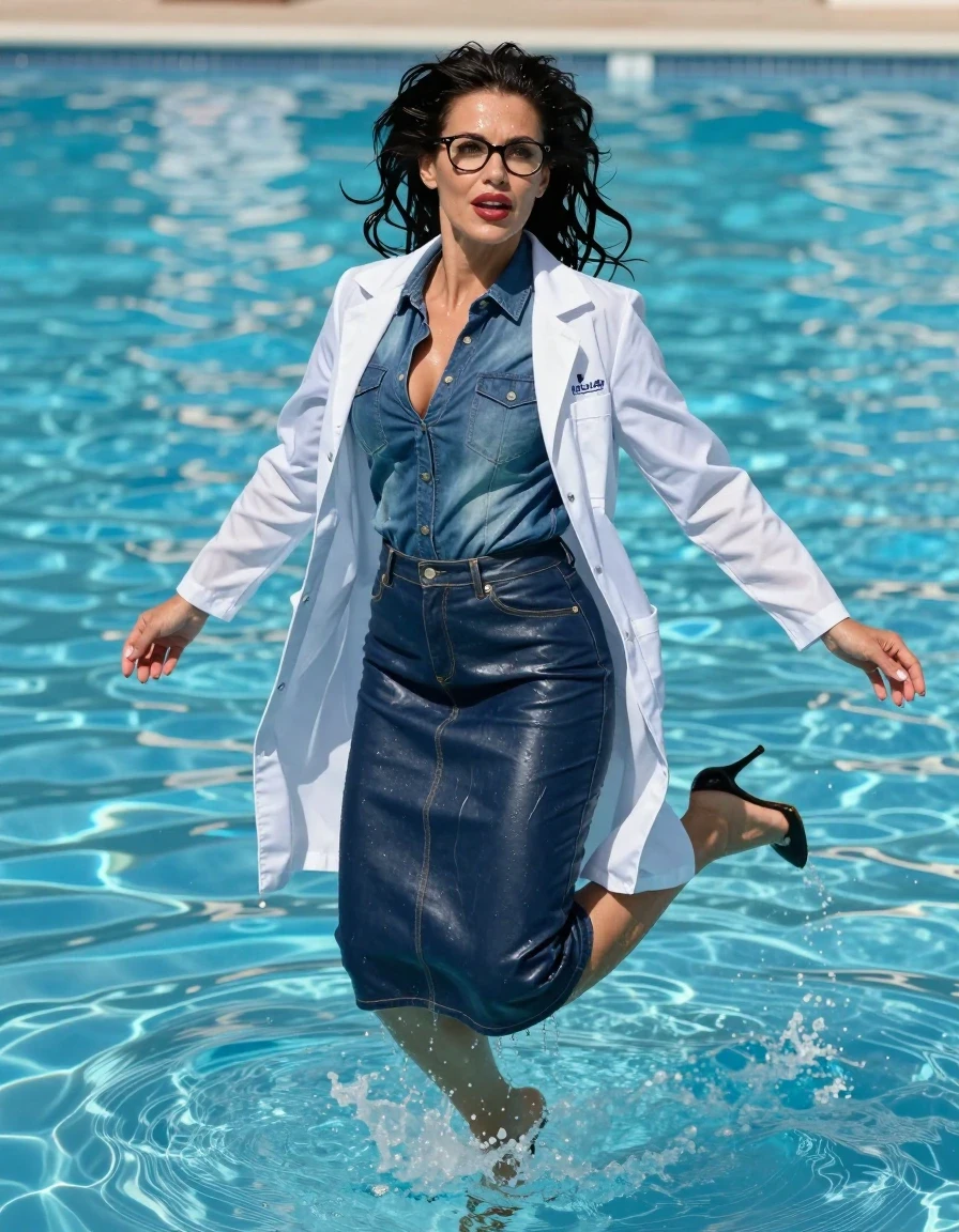 photo of young woman, in soaking wet, drenched clothes,
stilletto butts, maxi flared dark blue leather denim skirt, denim leather shirt dress with long sleeves, long white labcoat with long sleeves, jumping complete submerged under very deep sunny pool, 
enjoying, wet clothes stuck to body,
detailed textures of the wet clothes, wet face, wet plastered hair,
wet, drenched, professional, high-quality details, full body view.
sharp focus, ultra-high pixel detail, realistic, high-quality, full colors, incredibly detailed, 4k, 8k, 16k, hyper-realistic, RAW photo, masterpiece, ultra-detailed, professionally color graded, professional photograph, europen brunette skinny woman 40 years old, long dark black hair, very big and thick lips, office glasses, complete body, wet skin, wet clothes, damp fabric, wet skin, wet clothes, damp fabric, wet skin, wet clothes, damp fabric, wet skin, wet clothes, damp fabric, wet skin, wet clothes, damp fabric