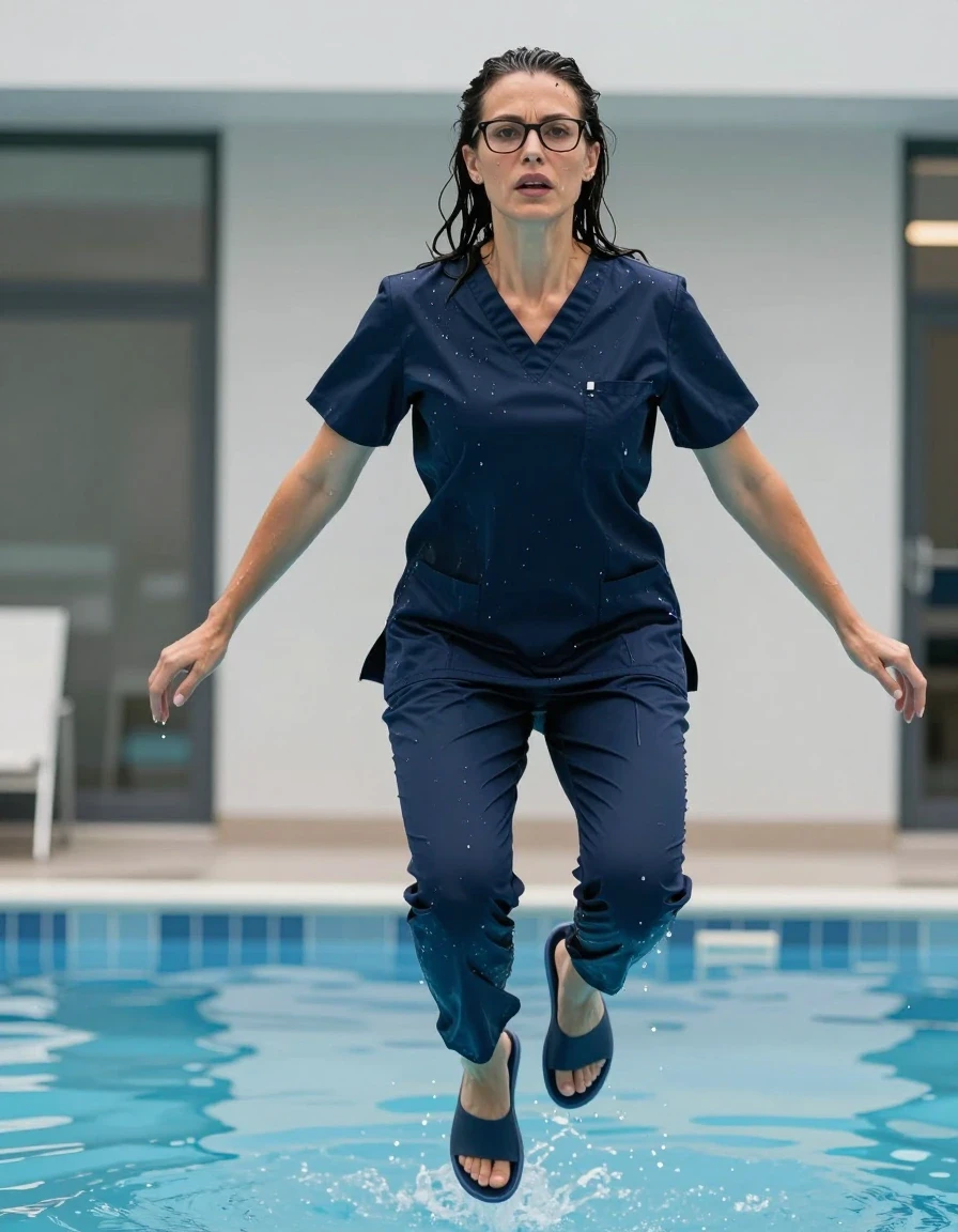 photo of young woman, in soaking wet, drenched clothes,
slippers, dark blue scrubs, dark blue scrubs, jumping in pool, 
enjoying, wet clothes stuck to body,
detailed textures of the wet clothes, wet face, wet plastered hair,
wet, drenched, professional, high-quality details, full body view.
sharp focus, ultra-high pixel detail, realistic, high-quality, full colors, incredibly detailed, 4k, 8k, 16k, hyper-realistic, RAW photo, masterpiece, ultra-detailed, professionally color graded, professional photograph, europen brunette skinny woman 40 years old, long dark black hair, very big and thick lips, office glasses, complete body, wet skin, wet clothes, damp fabric, wet skin, wet clothes, damp fabric, wet skin, wet clothes, damp fabric, wet skin, wet clothes, damp fabric, wet skin, wet clothes, damp fabric