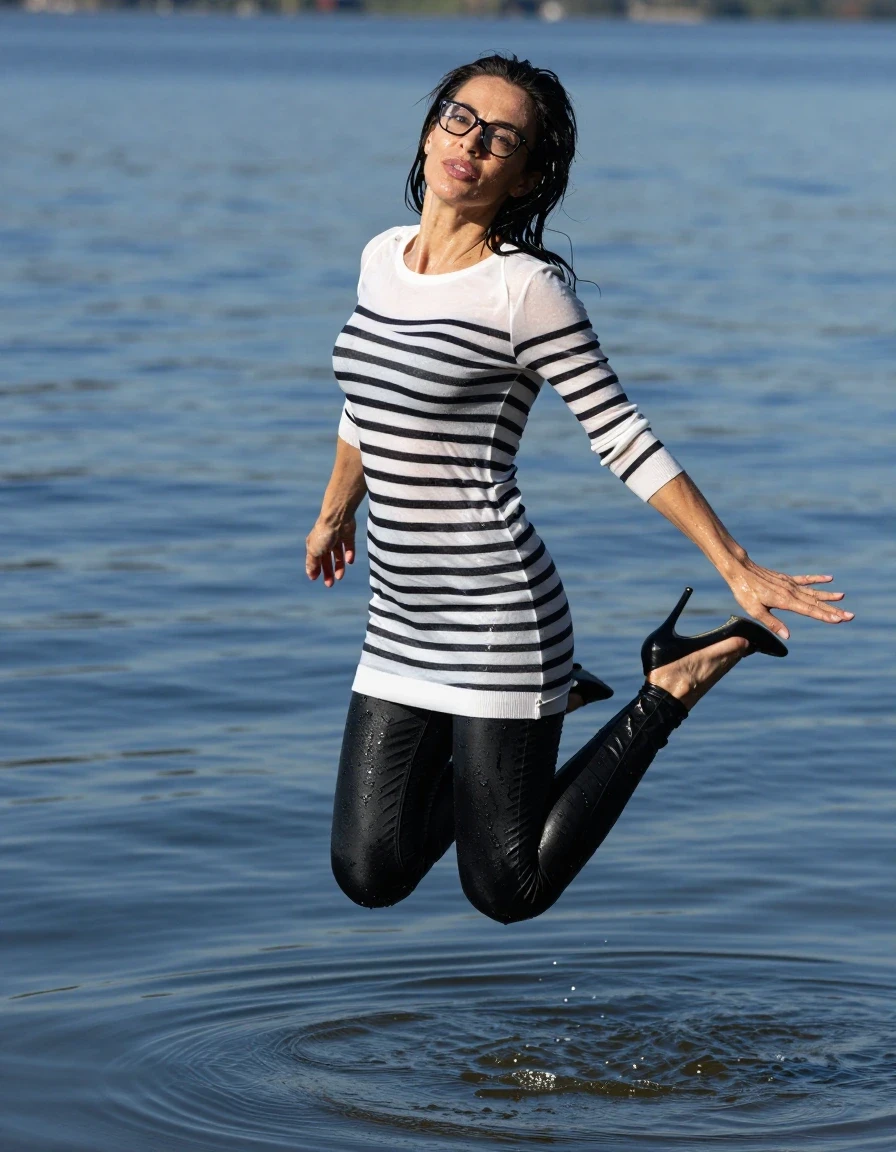 photo of young woman, in soaking wet, drenched clothes,
stilletto butts, long black tight jeans, white & black striped long sweater dress with long sleeves, jumping complete submerged under very deep sunny lake, 
enjoying, wet clothes stuck to body,
detailed textures of the wet clothes, wet face, wet plastered hair,
wet, drenched, professional, high-quality details, full body view.
sharp focus, ultra-high pixel detail, realistic, high-quality, full colors, incredibly detailed, 4k, 8k, 16k, hyper-realistic, RAW photo, masterpiece, ultra-detailed, professionally color graded, professional photograph, europen brunette skinny woman 40 years old, long dark black hair, very big and thick lips, office glasses, complete body, wet skin, wet clothes, damp fabric, wet skin, wet clothes, damp fabric, wet skin, wet clothes, damp fabric, wet skin, wet clothes, damp fabric, wet skin, wet clothes, damp fabric