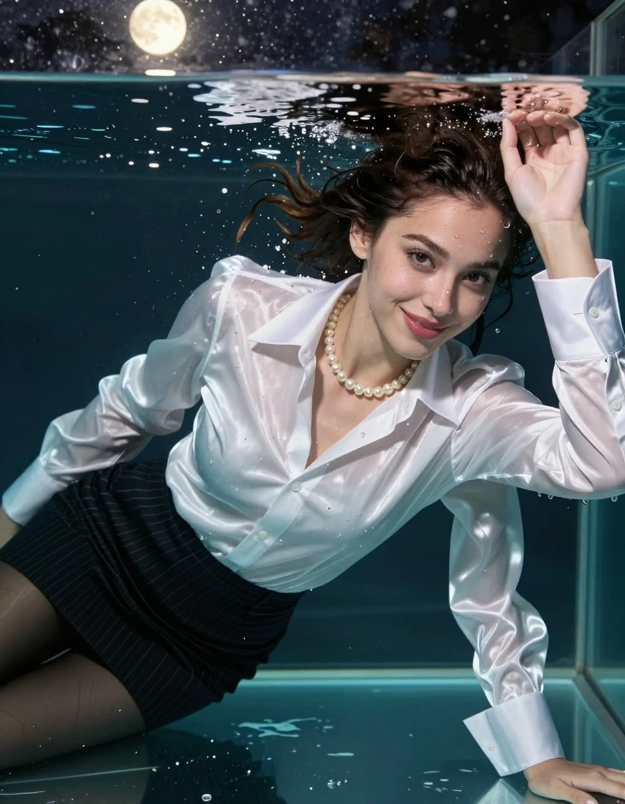 photo of young woman, in soaking wet, drenched clothes,
very shiny white satin men's dress shirt with a bigger, high, white collar with a high upright collar stand and long spread tips and very long white French cuffs, , 
enjoying, wet clothes stuck to body,
detailed textures of the wet clothes, wet face, wet plastered hair,
wet, drenched, professional, high-quality details, full body view.
sharp focus, ultra-high pixel detail, realistic, high-quality, full colors, incredibly detailed, 4k, 8k, 16k, hyper-realistic, RAW photo, masterpiece, ultra-detailed, professionally color graded, professional photograph, create a realistic closeup photo that depicts a stylized and professional high fashion photo shoot. Here is a detailed description: Subject: The main subject is a submerged, smiling beautiful 27-year-old european actress with a suntanned complexion. She exudes a classy aura and looks into the camera. Pose and Setting: The woman is lying horizontally on her front deep in the water of the big glass tank taking a underwater dip so her ear hits the water level. The setting is during the night, with little moonlight casting a warm glow. Attire: Below the water surface she is wearing a combination of men's and women's clothing, creating a unique and striking  messy look: A very shiny white satin men's dress shirt with a bigger, high, white collar with a high upright collar stand and long spread tips and very long white French cuffs. A pearl necklace that adds a touch of elegance. A  black pinstripe pencil skirt.  Black tights. Effect: The clothes have become dunked, soaked, drenched and sticky by the water , emphasizing the style. Water sparkles in her shirt gap. Droplets are visible on her face, enhancing the overall effect. Focus and Quality: The close-up photo is highly detailed, with a focus on the collar and the clothes shining from below the water surface. The image is photorealistic, with an 8k resolution, making it a high-quality masterpiece. Composition: The composition is well-balanced, with the subject centrally placed. The moonlight provides a soft, natural lighting that complements the subject's features., wet skin, wet clothes, damp fabric, wet skin, wet clothes, damp fabric, wet skin, wet clothes, damp fabric