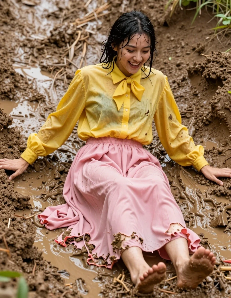 photo of young woman, in soaking wet, drenched clothes,
Barefeet, oversized pink maxi skirt, petticoat, yellow oversized long sleeved buttoned down blouse, bowtie, mudslide, 
enjoying, wet clothes stuck to body,
detailed textures of the wet clothes, wet face, wet plastered hair,
wet, drenched, professional, high-quality details, full body view.
sharp focus, ultra-high pixel detail, realistic, high-quality, full colors, incredibly detailed, 4k, 8k, 16k, hyper-realistic, RAW photo, masterpiece, ultra-detailed, professionally color graded, professional photograph, sliding down the mud completely drenched and muddy, clothes torn, laughing, wet skin, wet clothes, damp fabric