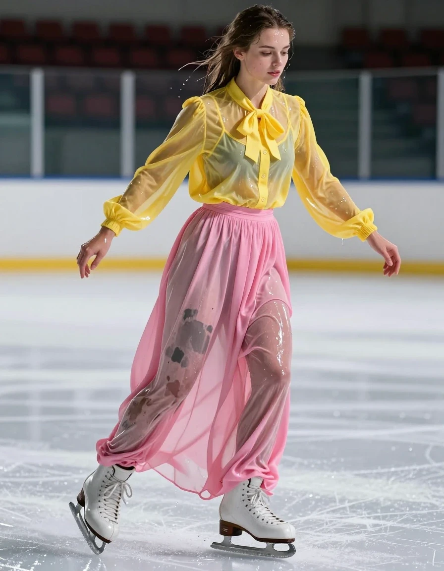 A photorealistic full-body shot of a young adult European woman ice skating at an indoor ice rink, her clothes and skin drenched and dripping with water. She is wearing an oversized pink maxi skirt that is heavy, soaked, and clinging to her legs with deep, dark saturated patches and visible water weight, paired with a yellow oversized long-sleeved buttoned-down blouse featuring a bowtie, the fabric translucent and clinging to her torso from the intense saturation. She is wearing professional ice skates, her skin and hair slick with water, creating a glistening, wet-look texture. The lighting of the ice rink reflects off her soaked clothing and the wet ice surface, emphasizing the heavy folds and deep color shifts of the water-logged fabric. High-speed action photography, sharp focus, cinematic lighting, 8k resolution, realistic textures, water droplets, and glossy specular highlights.