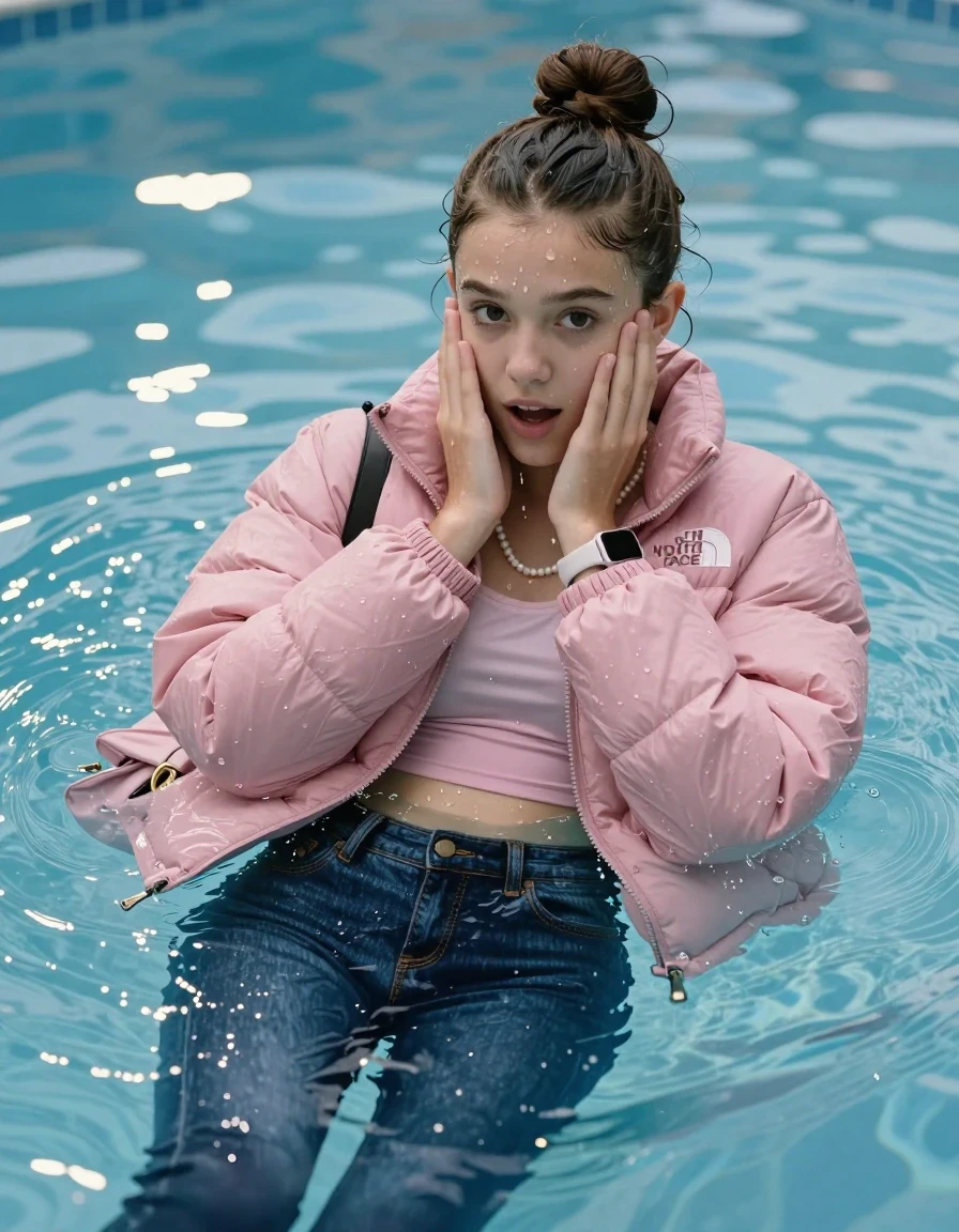 photo of young woman, in soaking wet, drenched clothes,
, Glistening soaked tight skinny jeans, Glistening soaked pink Puffer down jacket from north face, tight sexy tshirt with wide neckline belly free, shoulderbag, pearl necklace, smartwatch , Pool, 
enjoying, wet clothes stuck to body,
detailed textures of the wet clothes, wet face, wet plastered hair,
wet, drenched, professional, high-quality details, full body view.
sharp focus, ultra-high pixel detail, realistic, high-quality, full colors, incredibly detailed, 4k, 8k, 16k, hyper-realistic, RAW photo, masterpiece, ultra-detailed, professionally color graded, professional photograph, A realistic vertical fashion photograph of an  15-year-old spanish teenage Girl lying after a dip submerged in a clear blue swimming pool. 
Complete wet plastered hair. Brunette  topknot with water cascading down her clothes. Shy and astonished. Slightly smile. Looking at camera. Hold her hands over her face. Open mouth, big eyes. She soak her shoulderbag in the water. The girl is positioned in the center of the frame, her head and shoulders visible above the shimmering water surface, while her body and legs are submerged below. Natural sunlight creates sparkling reflections on the water's surface. High-quality fashion photography, sharp focus on her face, cinematic lighting.
The lighting is bright and cinematic, highlighting the glistening water droplets on her skin and the saturated texture of her clothes.

her clothes are heavy from the water, water runs from her body and her clothes in streams. A lot of water also runs out of her clothes. Her clothes are darkened by the water. Her submerged clothes are clinging wet. 
soft atmospheric lighting reflecting off the surface, cinematic medium shot, hyper-realistic wetness, high-contrast water sheen, 8k resolution, sharp focus, wet skin, wet clothes, damp fabric, wet skin, wet clothes, damp fabric, wet skin, wet clothes, damp fabric