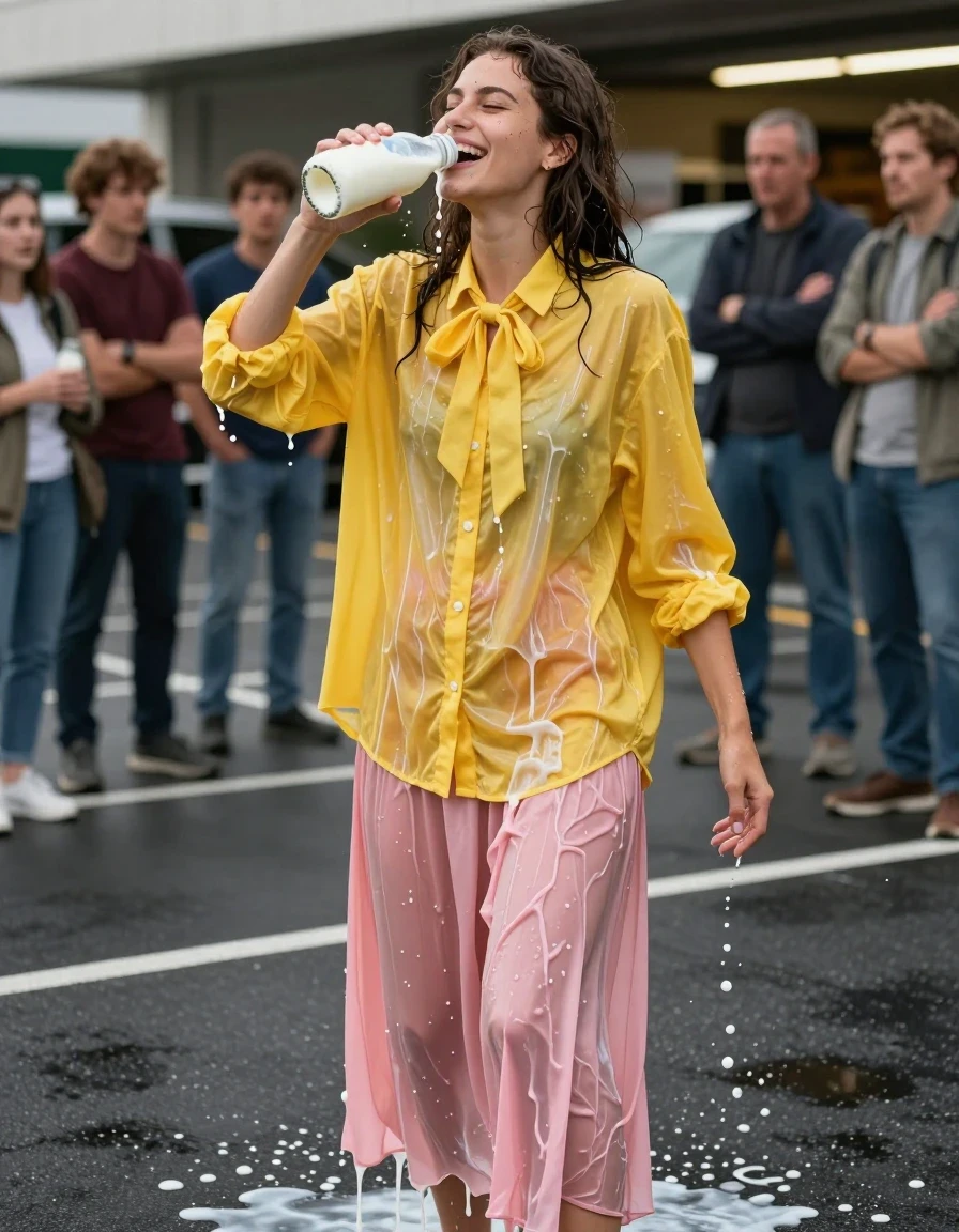 A photorealistic medium shot of a young adult European woman in a supermarket parking lot, laughing joyfully while chugging milk from a glass bottle. She is drenched in spilled milk, which coats her skin in a translucent, glossy sheen and thoroughly saturates her clothing. She wears a vibrant yellow extremely oversized long-sleeved buttoned-down blouse with a bowtie, the fabric clinging to her skin as it becomes heavy, translucent, and darker from the liquid absorption, with milk dripping from the damp folds. Below, she wears a pink maxi skirt that is soaked and clinging to her legs, with visible wet patches and sheen. She is barefoot, standing on the asphalt. The scene captures the chaotic moment as onlookers in the background stare at her in confusion. High-contrast natural daylight, realistic skin texture with milk droplets, wet hair strands, detailed fabric weave, sharp focus, cinematic lighting, 8k resolution, captured on 35mm lens.